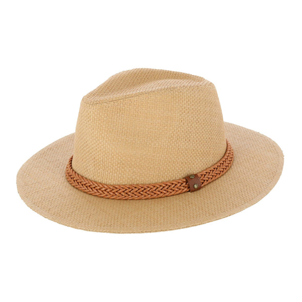 Women's Panama Straw Fedora Hat with Faux Leather Band
