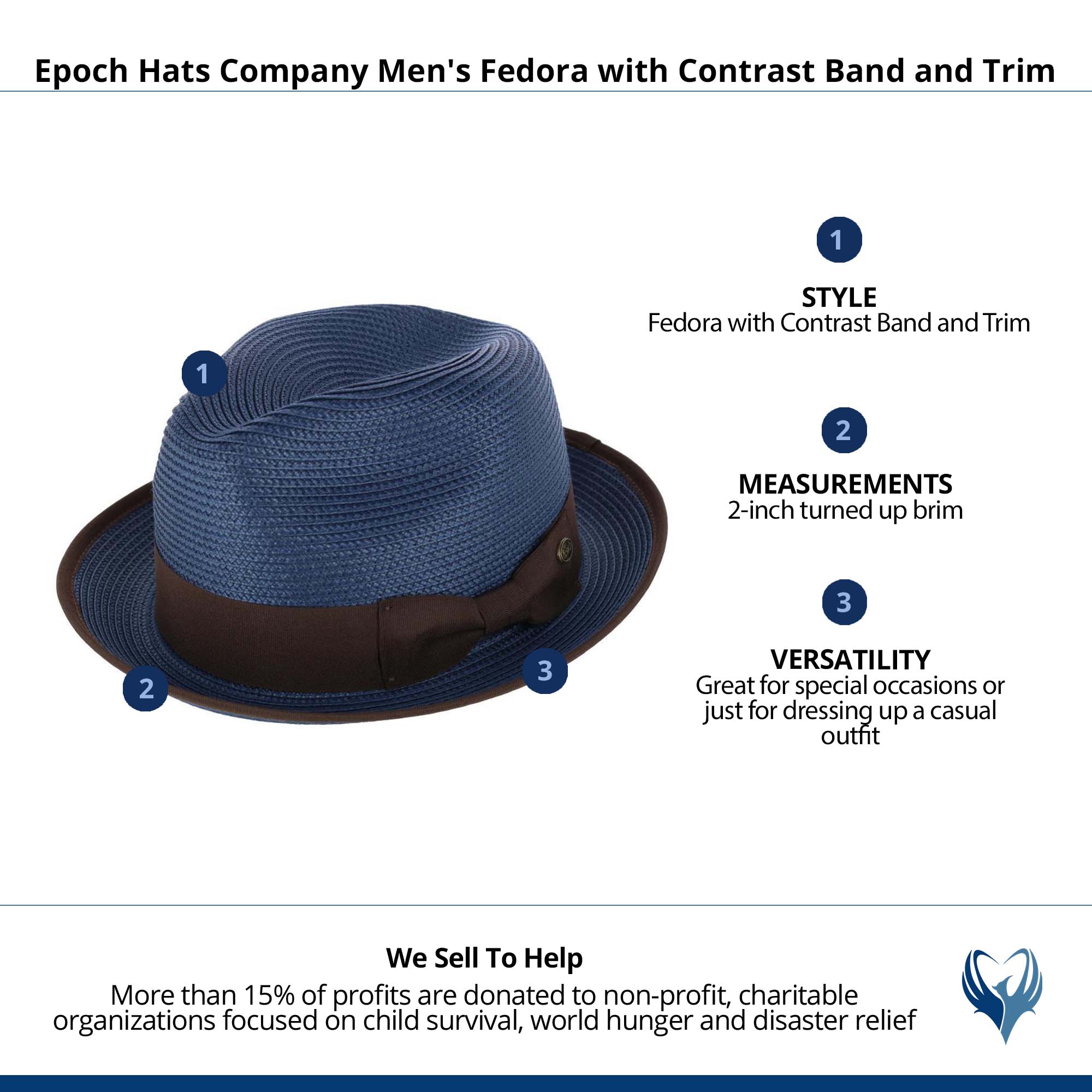Epoch Hats Company Men's Fedora with Contrast Band and Trim - Navy