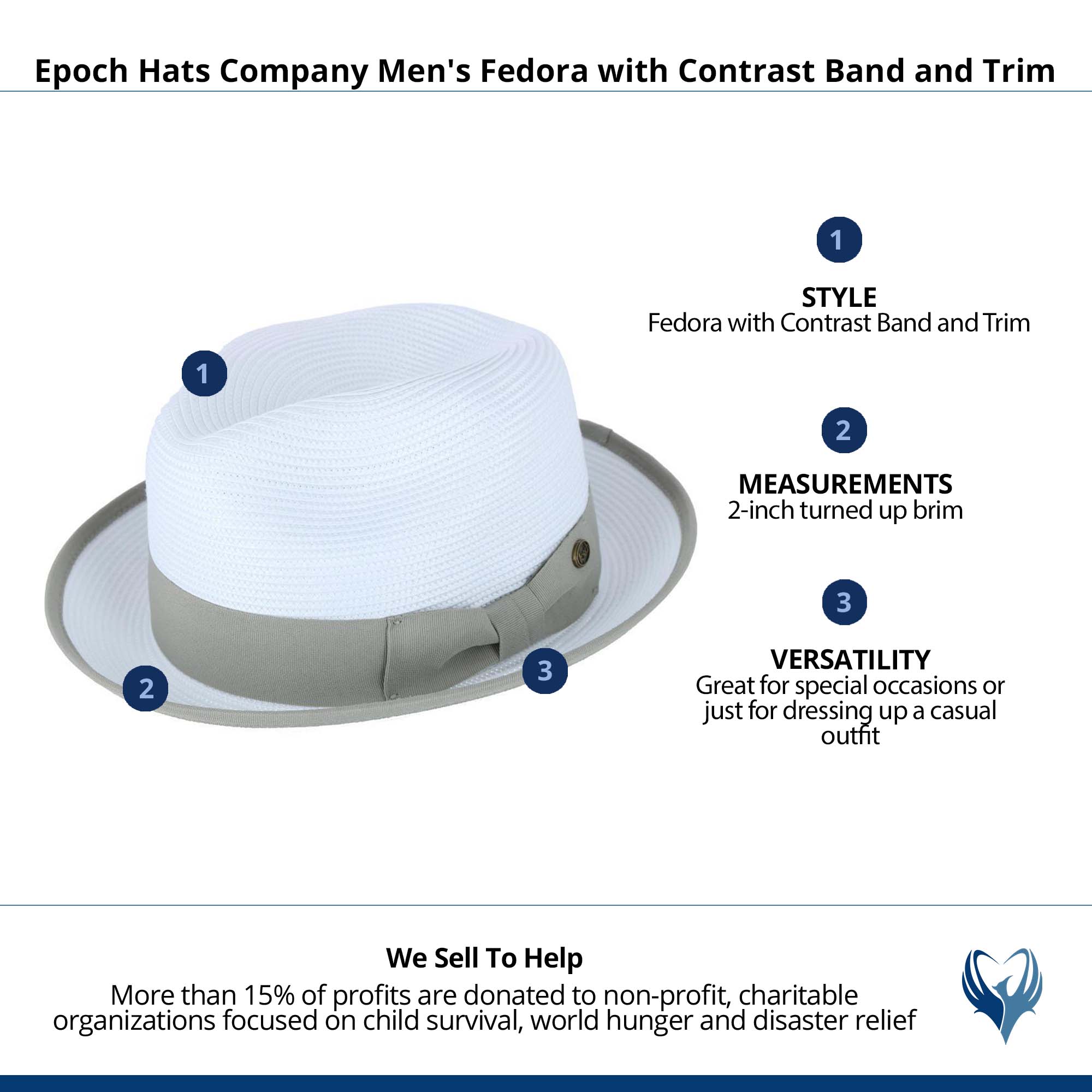 Epoch Hats Company Men's Fedora with Contrast Band and Trim - White