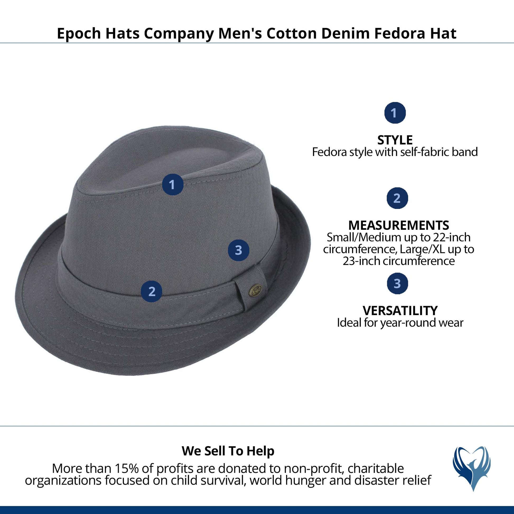 Epoch Hats Company Men's Cotton Denim Fedora Hat - Gray