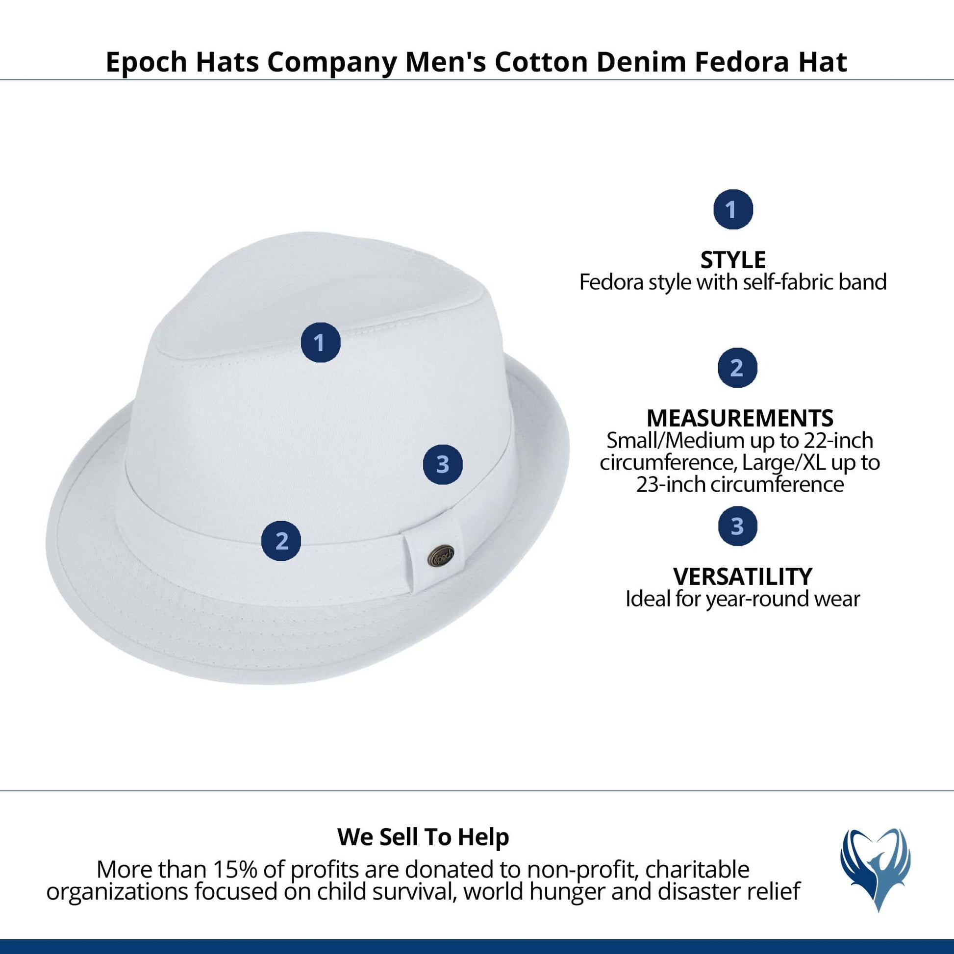 Epoch Hats Company Men's Cotton Denim Fedora Hat - White