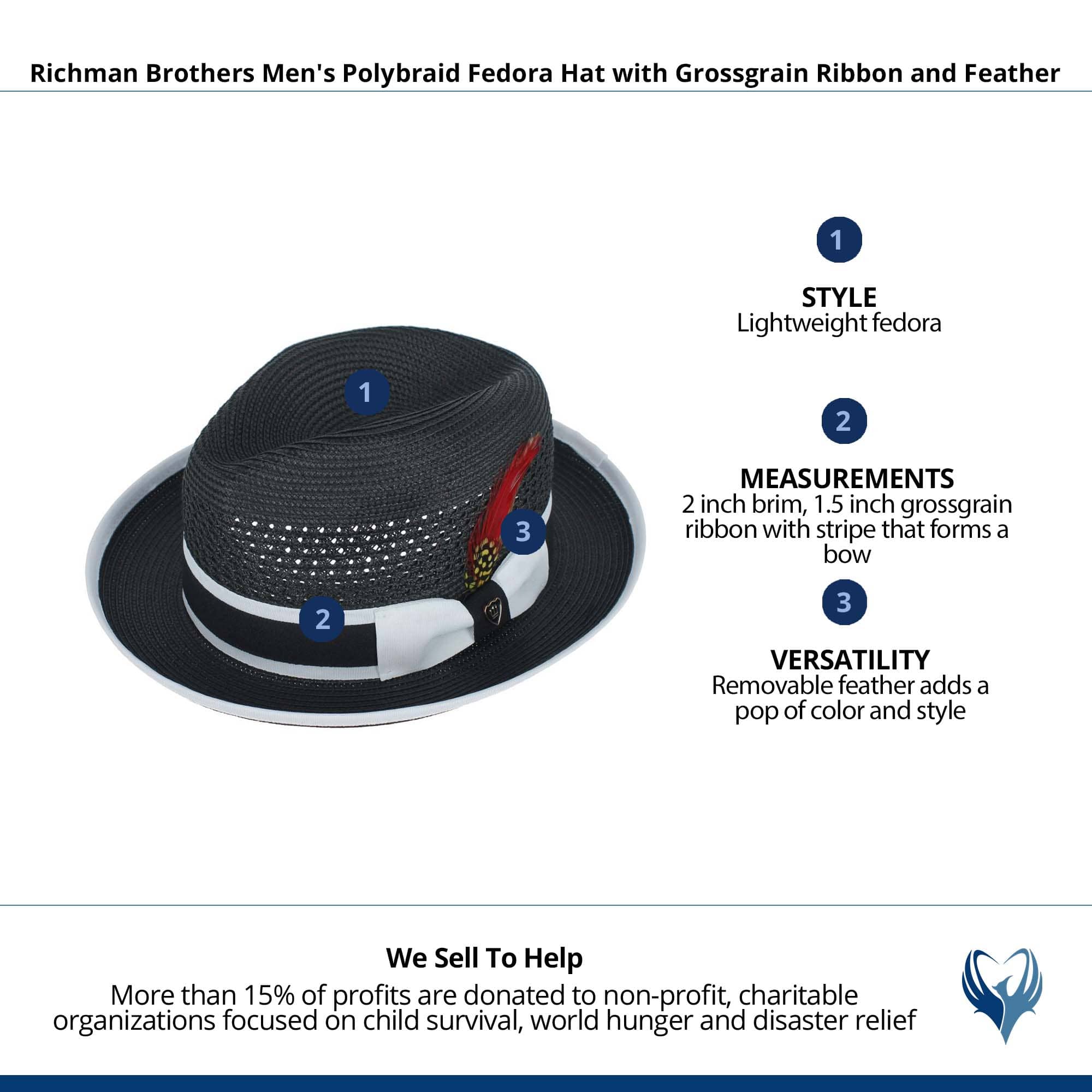 Richman Brothers Men's Polybraid Fedora Hat with Grossgrain Ribbon - Black