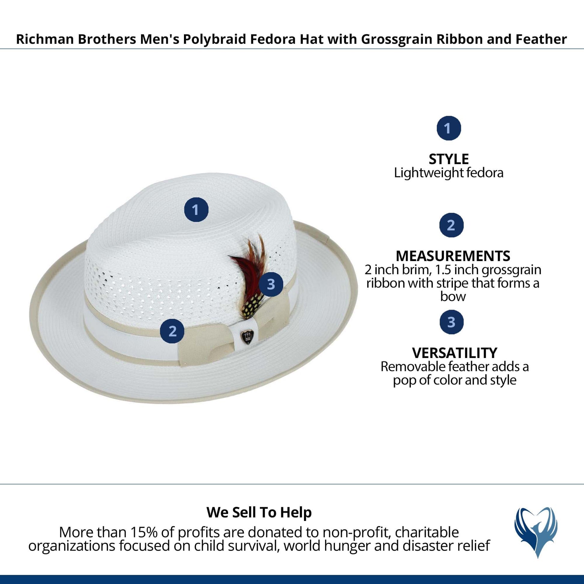 Richman Brothers Men's Polybraid Fedora Hat with Grossgrain Ribbon - White