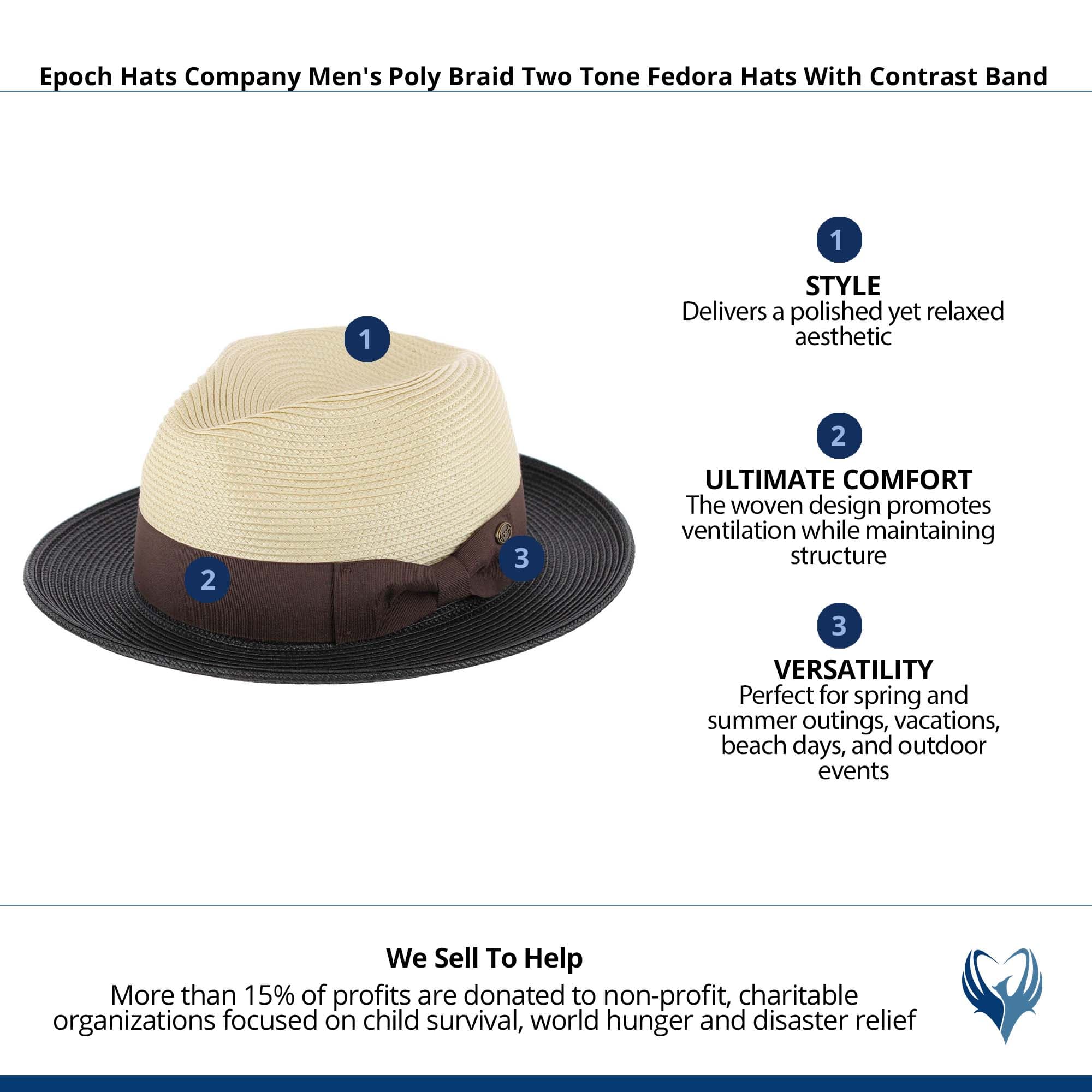 Epoch Hats Company Men's Poly Braid Two Tone Fedora Hats With Contrast Band - Natural/Black