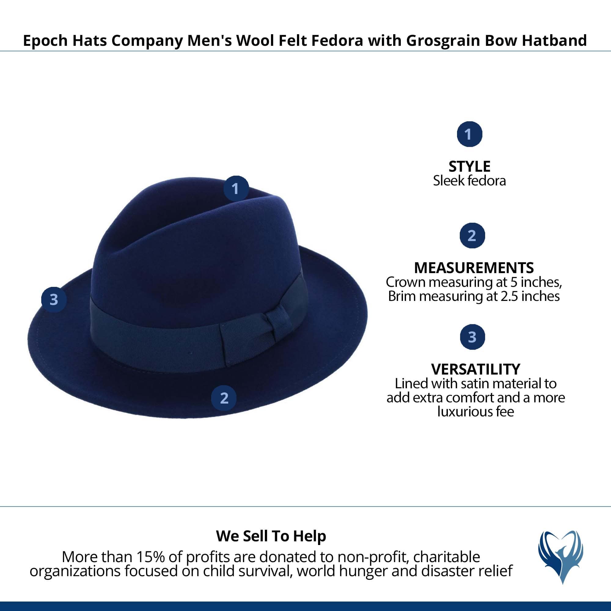 Epoch Hats Company Men's Wool Felt Fedora with Grosgrain Bow Hatband - Navy