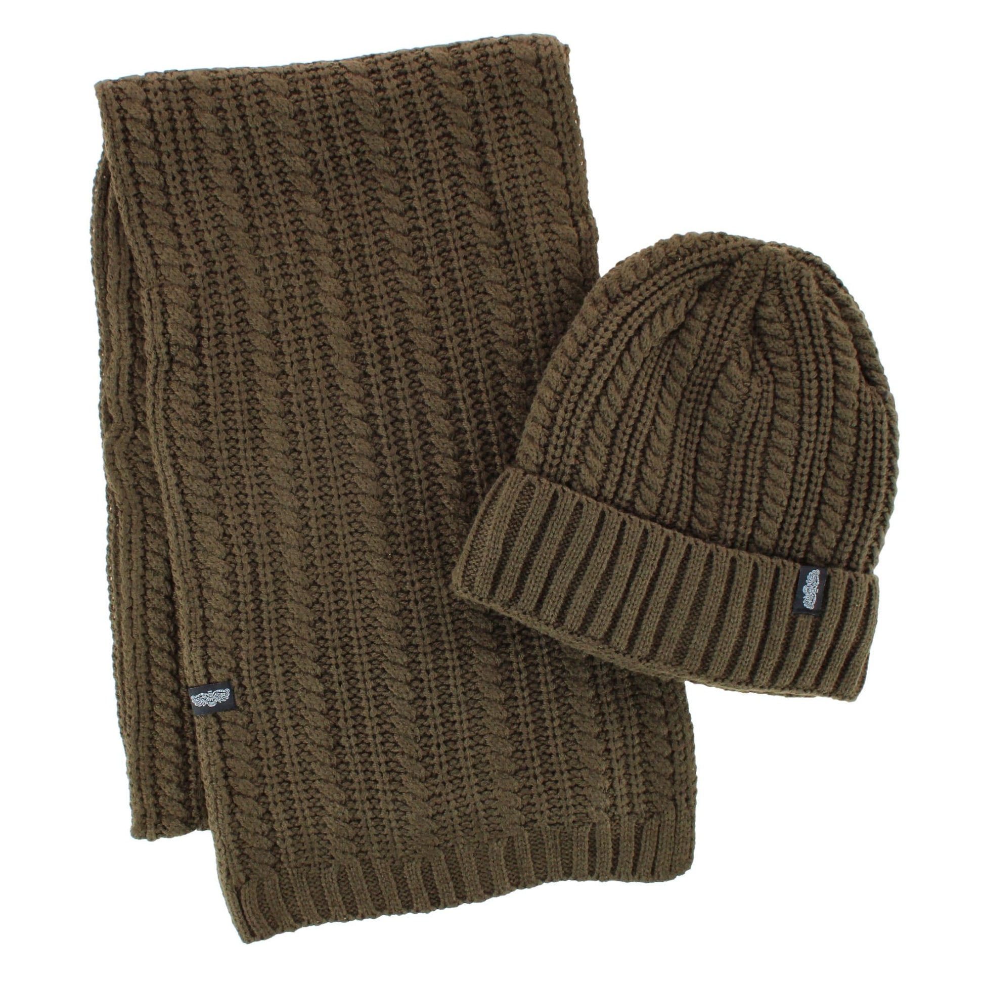 Angela & William Adult Chunky Cable Knit Lined Beanie and Scarf Winter Set - Olive