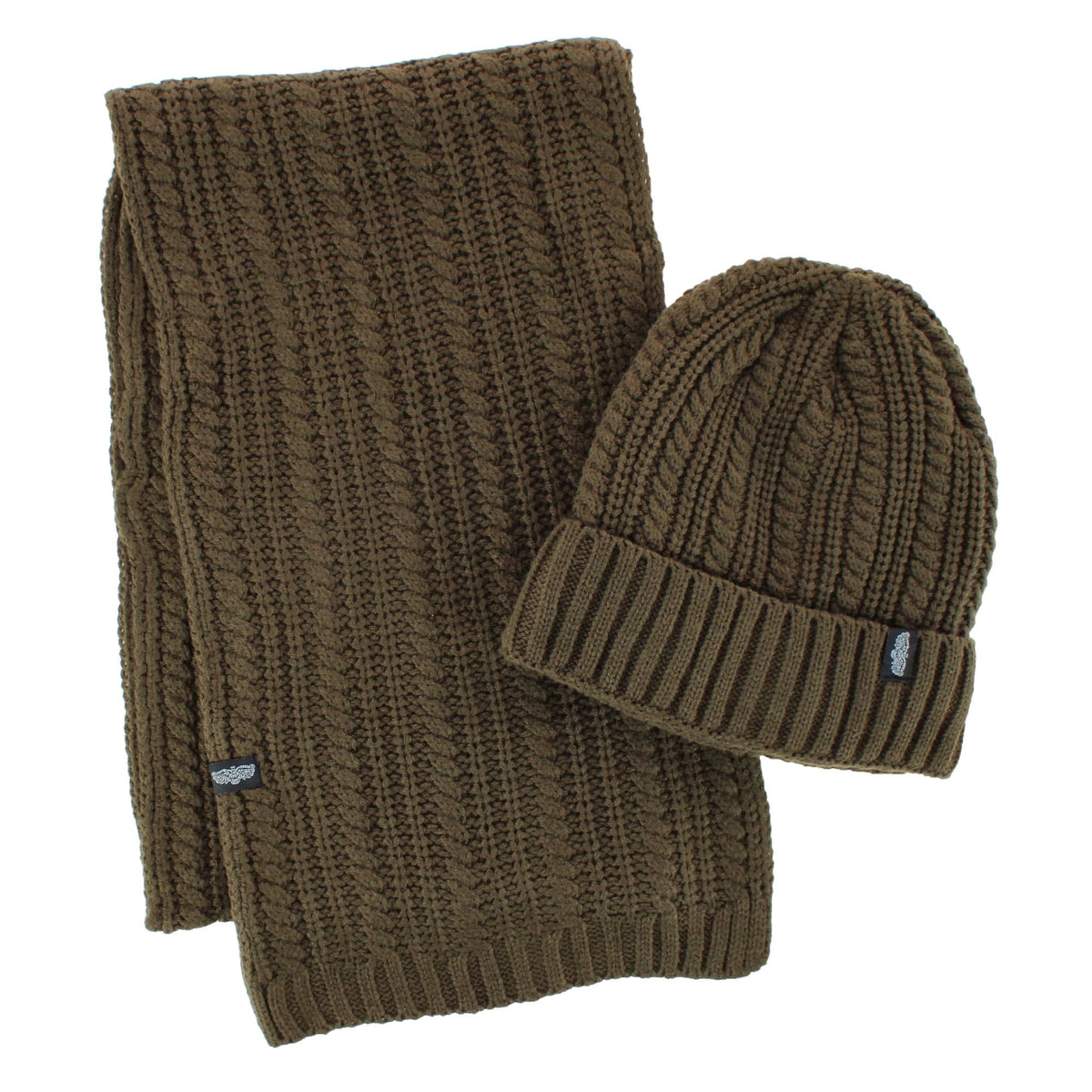 Angela & William Adult Chunky Cable Knit Lined Beanie and Scarf Winter Set - Olive