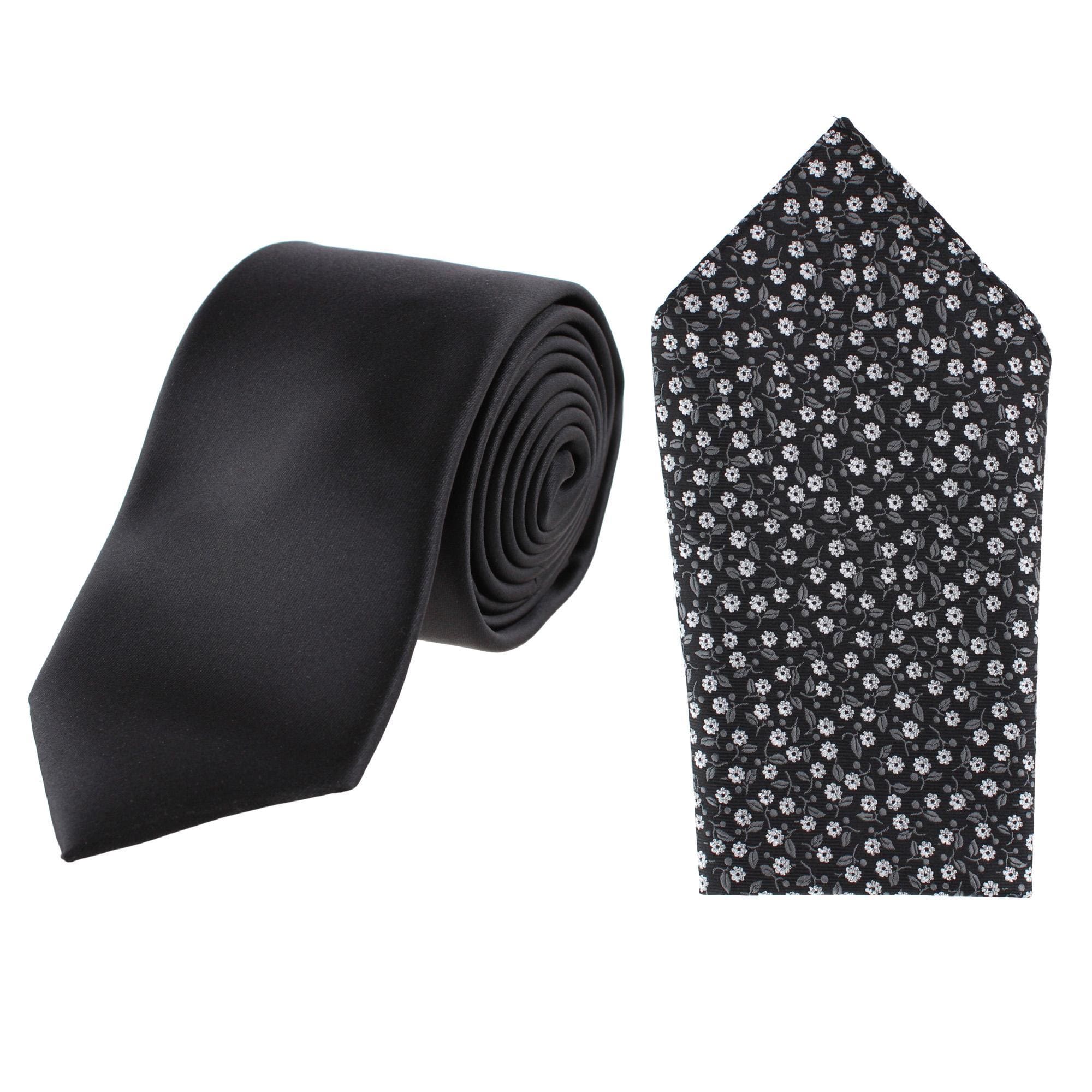 Essentials by Trafalgar Solid Necktie and Metallic Floral Pocket Square Set