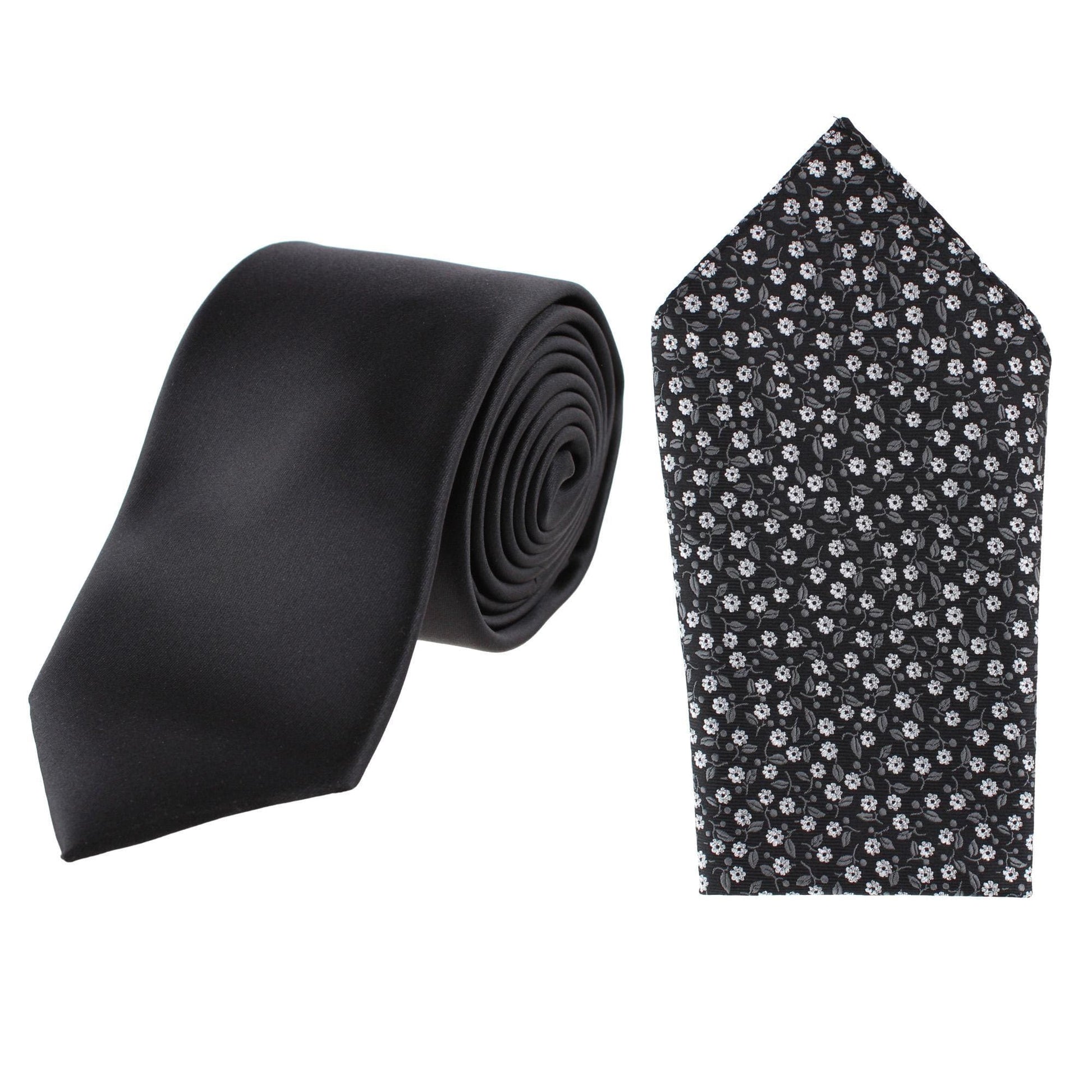 Essentials by Trafalgar Solid Necktie and Metallic Floral Pocket Square Set - Black
