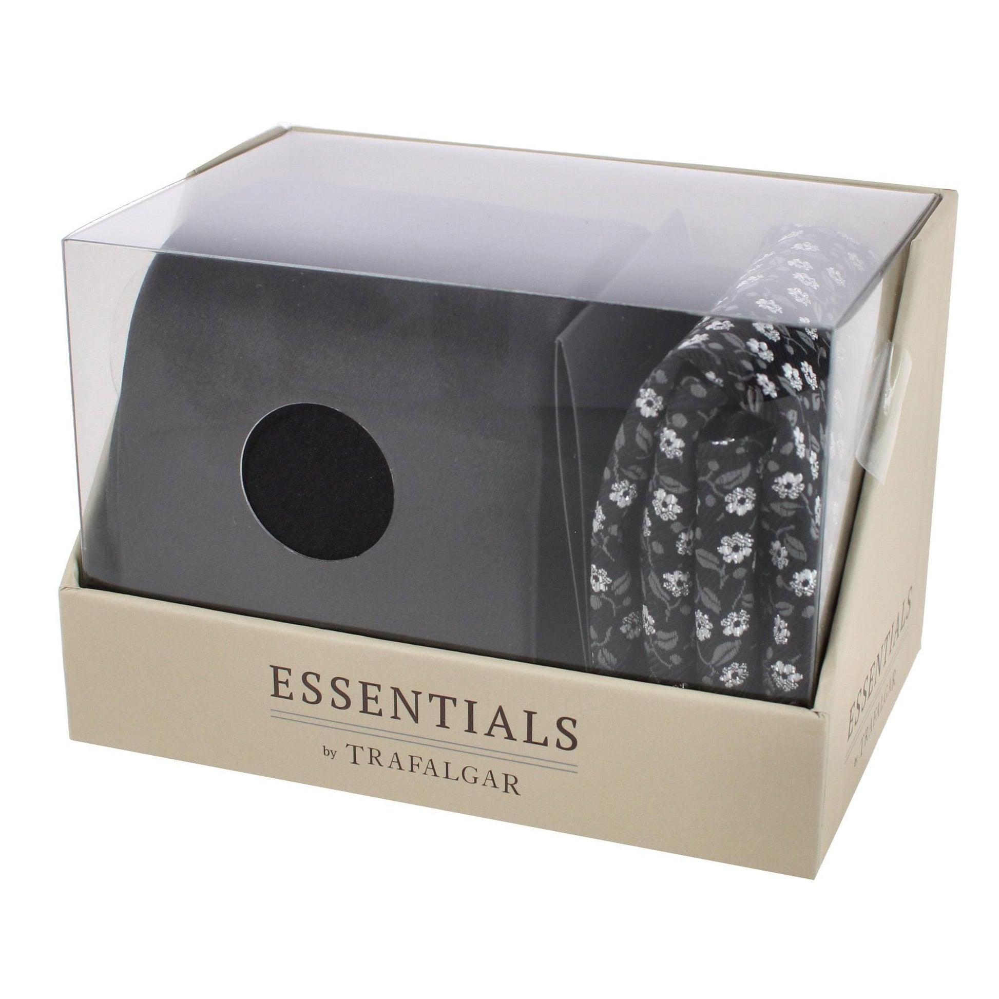 Essentials by Trafalgar Solid Necktie and Metallic Floral Pocket Square Set - Black