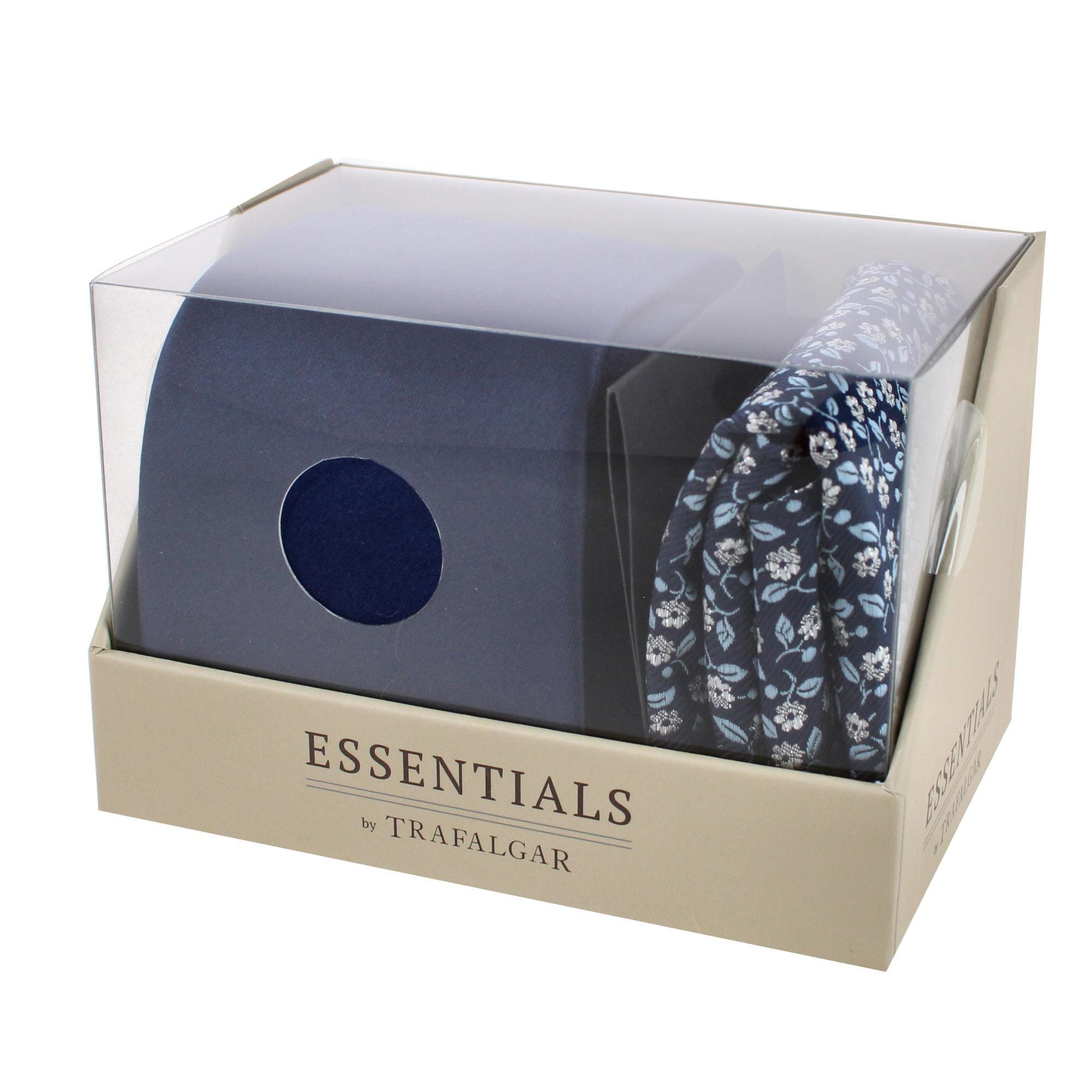 Essentials by Trafalgar Solid Necktie and Metallic Floral Pocket Square Set - Navy