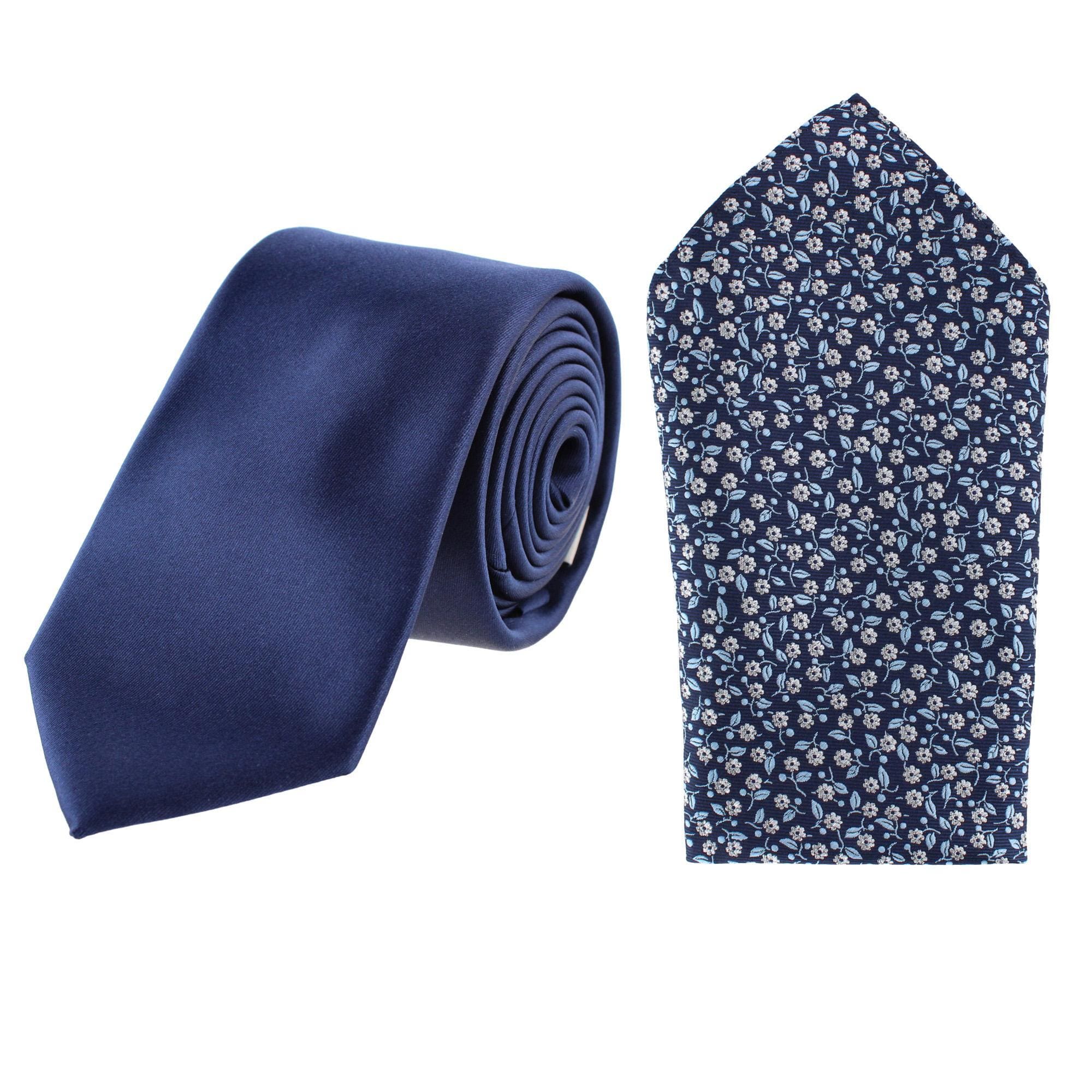 Essentials by Trafalgar Solid Necktie and Metallic Floral Pocket Square Set - Solid Necktie and Metallic Floral Pocket Square Set