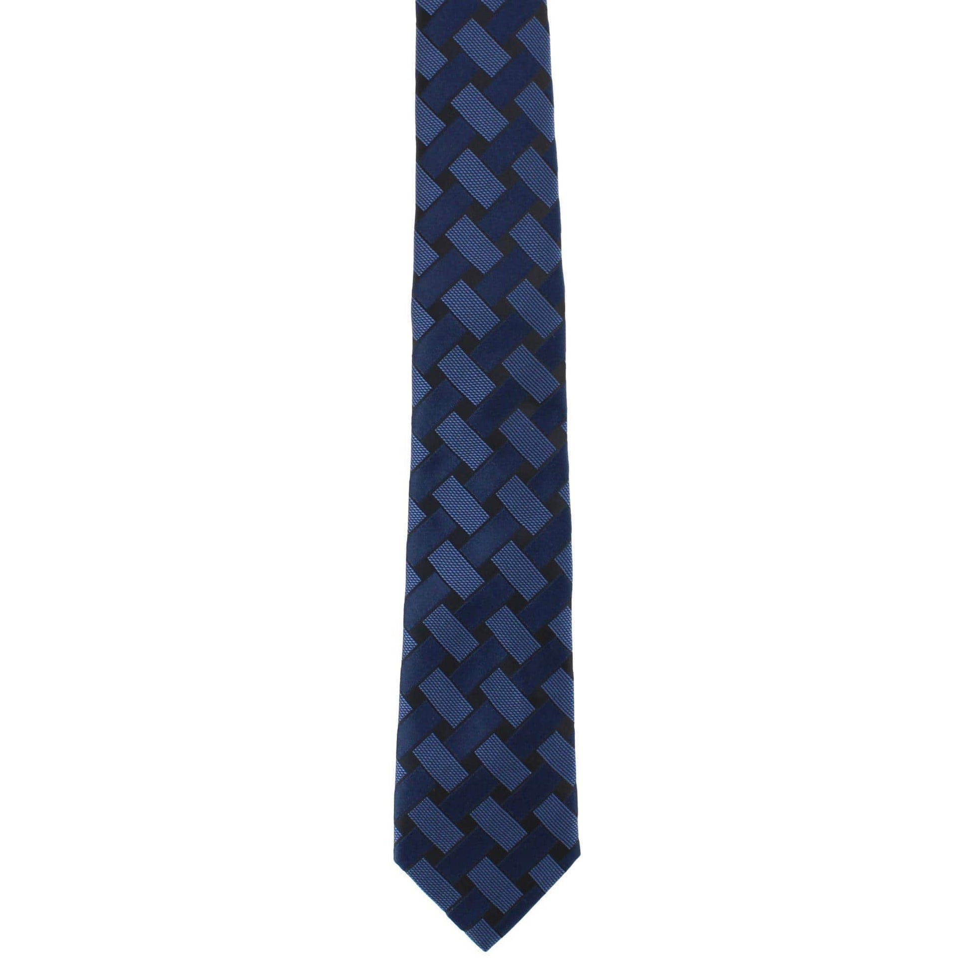 Essentials by Trafalgar Criss Cross Patterned Necktie and Solid Pocket Square Set - Navy Blue