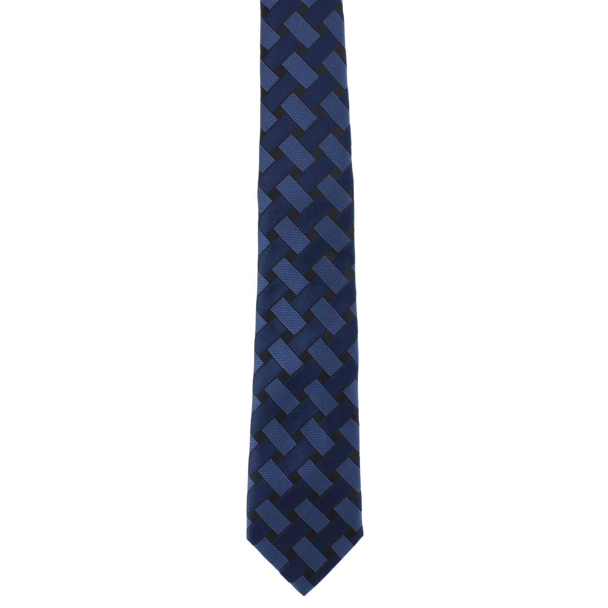 Essentials by Trafalgar Criss Cross Patterned Necktie and Solid Pocket Square Set - Navy Blue