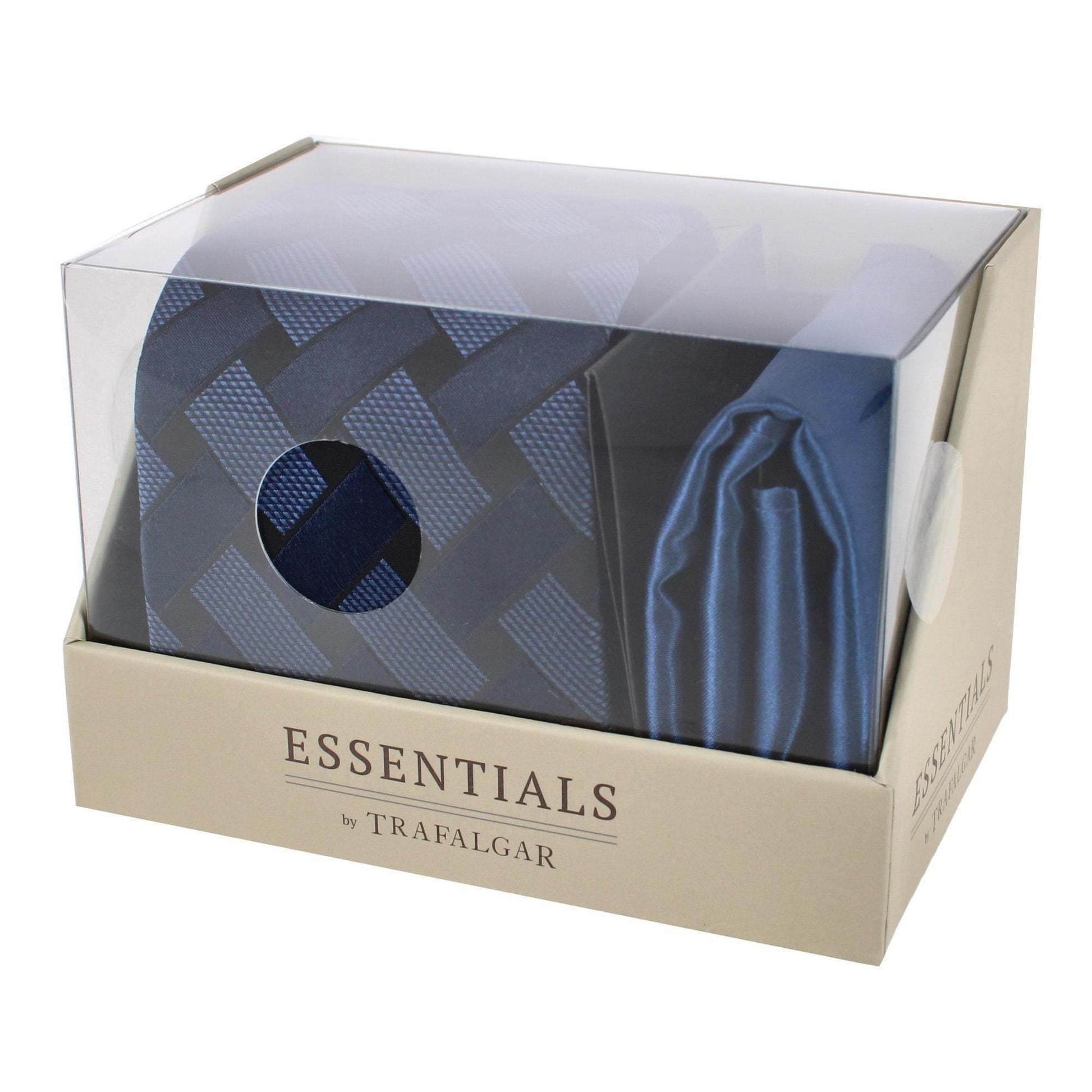 Essentials by Trafalgar Criss Cross Patterned Necktie and Solid Pocket Square Set - Navy Blue