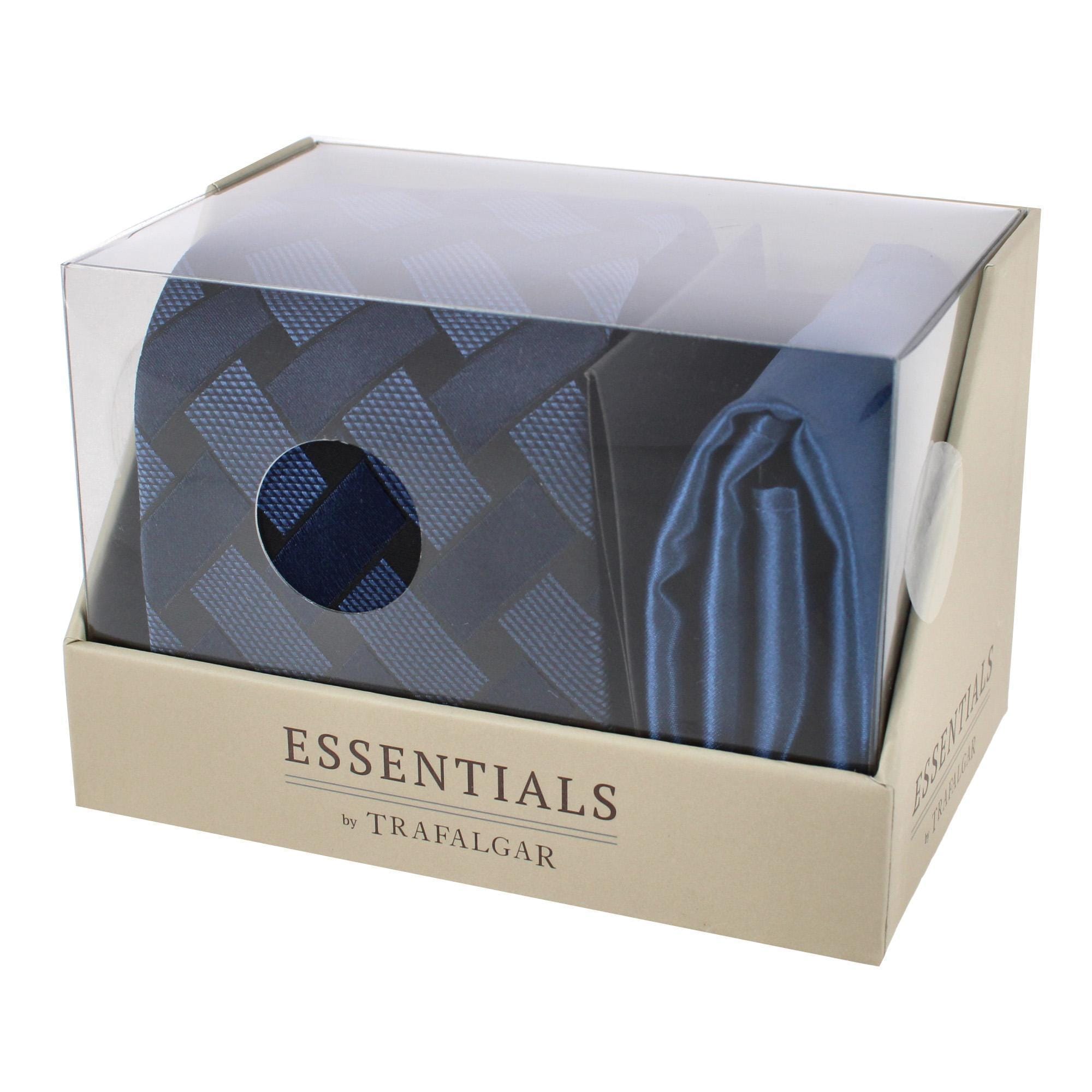 Essentials by Trafalgar Criss Cross Patterned Necktie and Solid Pocket Square Set - Navy Blue