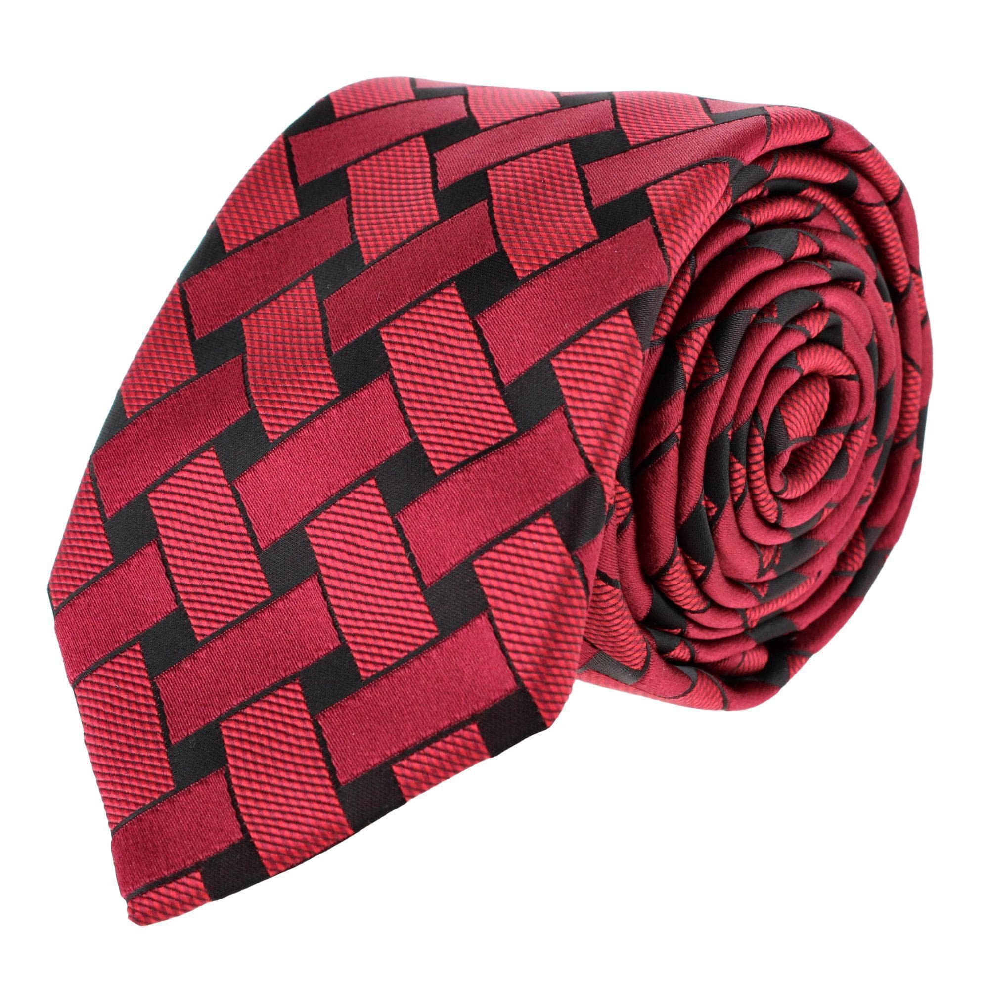 Essentials by Trafalgar Criss Cross Patterned Necktie and Solid Pocket Square Set - Red