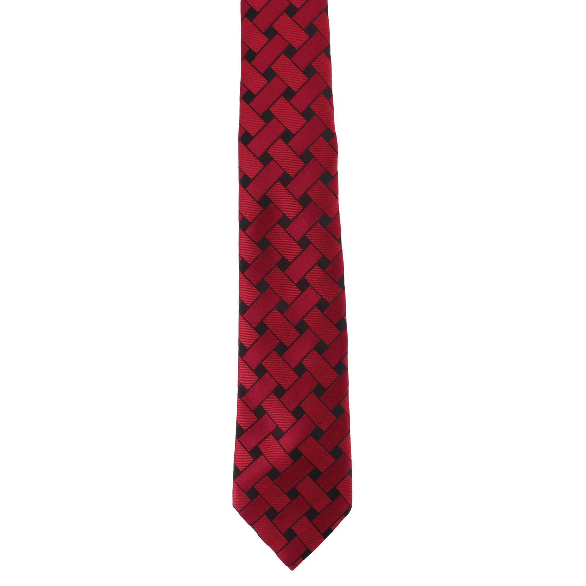 Essentials by Trafalgar Criss Cross Patterned Necktie and Solid Pocket Square Set - Red
