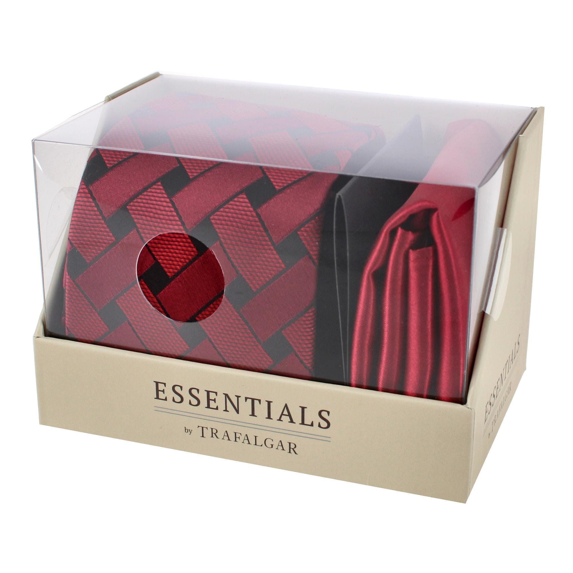 Essentials by Trafalgar Criss Cross Patterned Necktie and Solid Pocket Square Set - Red