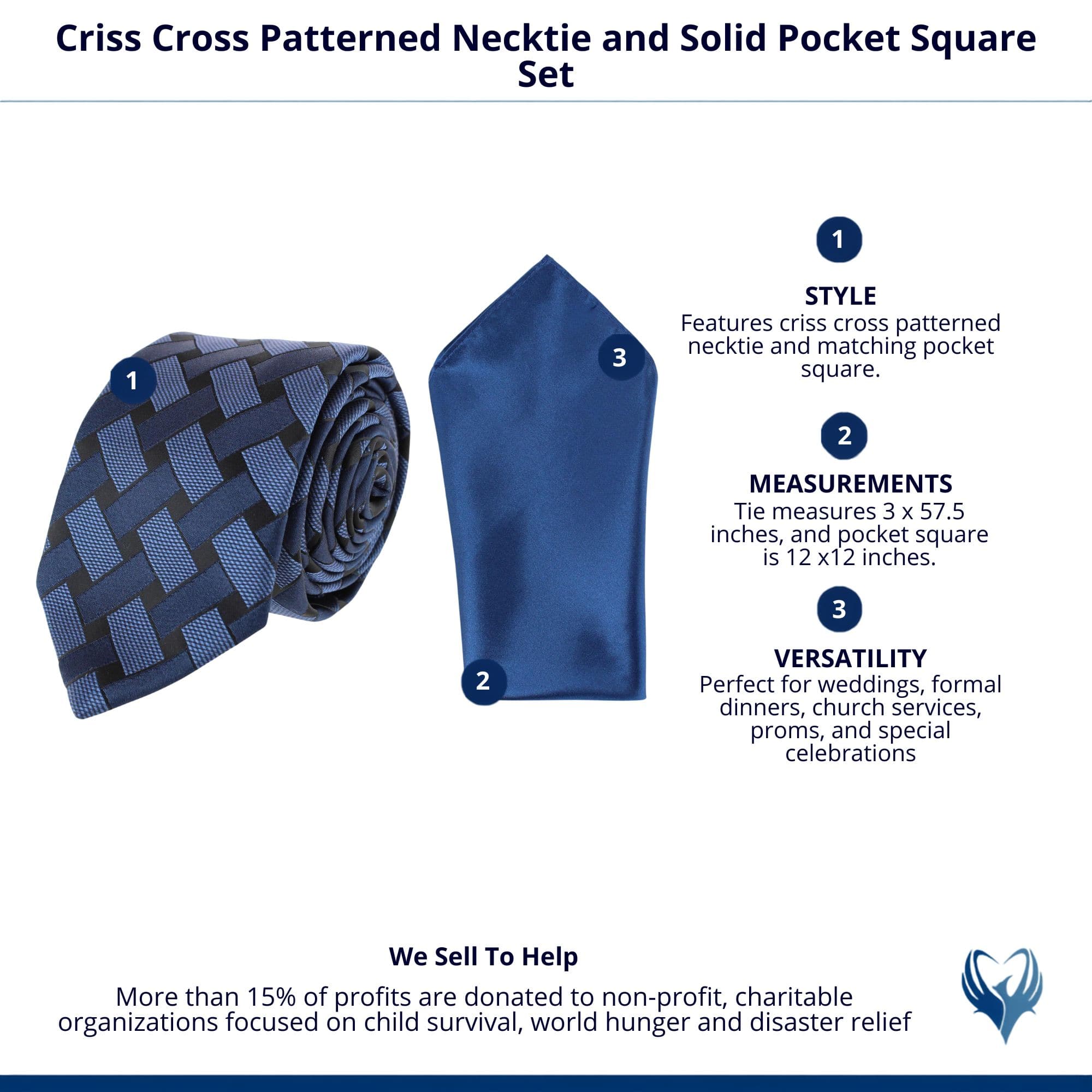 Essentials by Trafalgar Criss Cross Patterned Necktie and Solid Pocket Square Set - Navy Blue