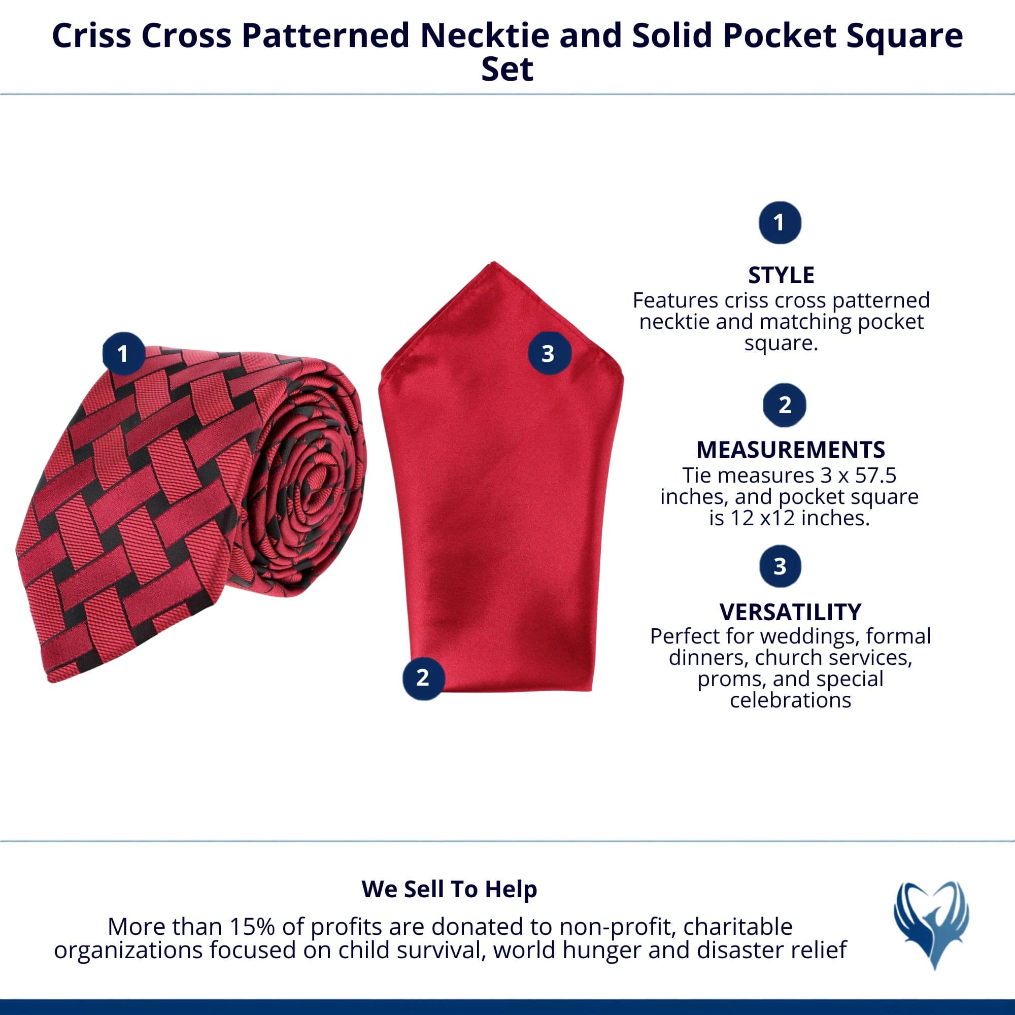 Essentials by Trafalgar Criss Cross Patterned Necktie and Solid Pocket Square Set - Red