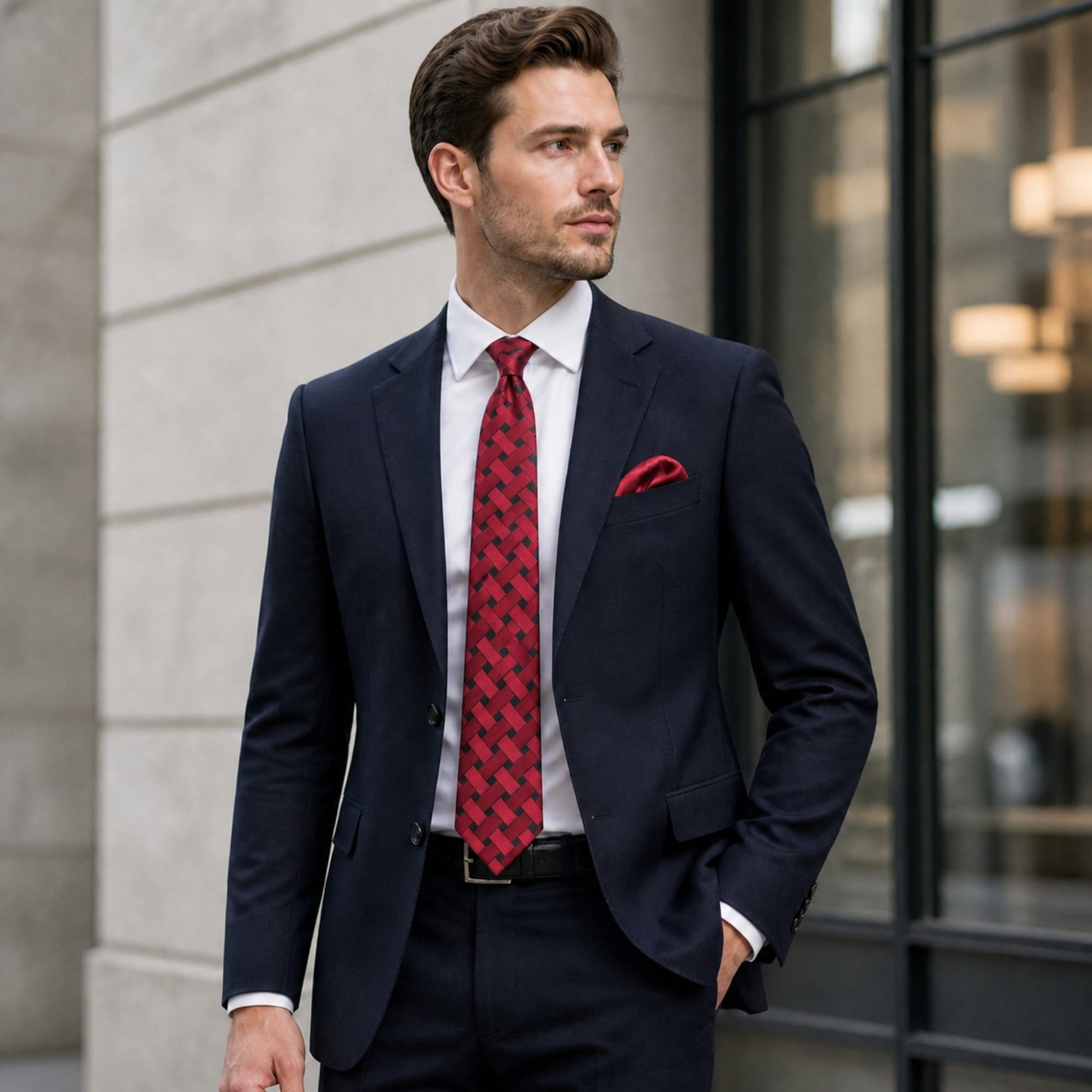Essentials by Trafalgar Criss Cross Patterned Necktie and Solid Pocket Square Set - Red