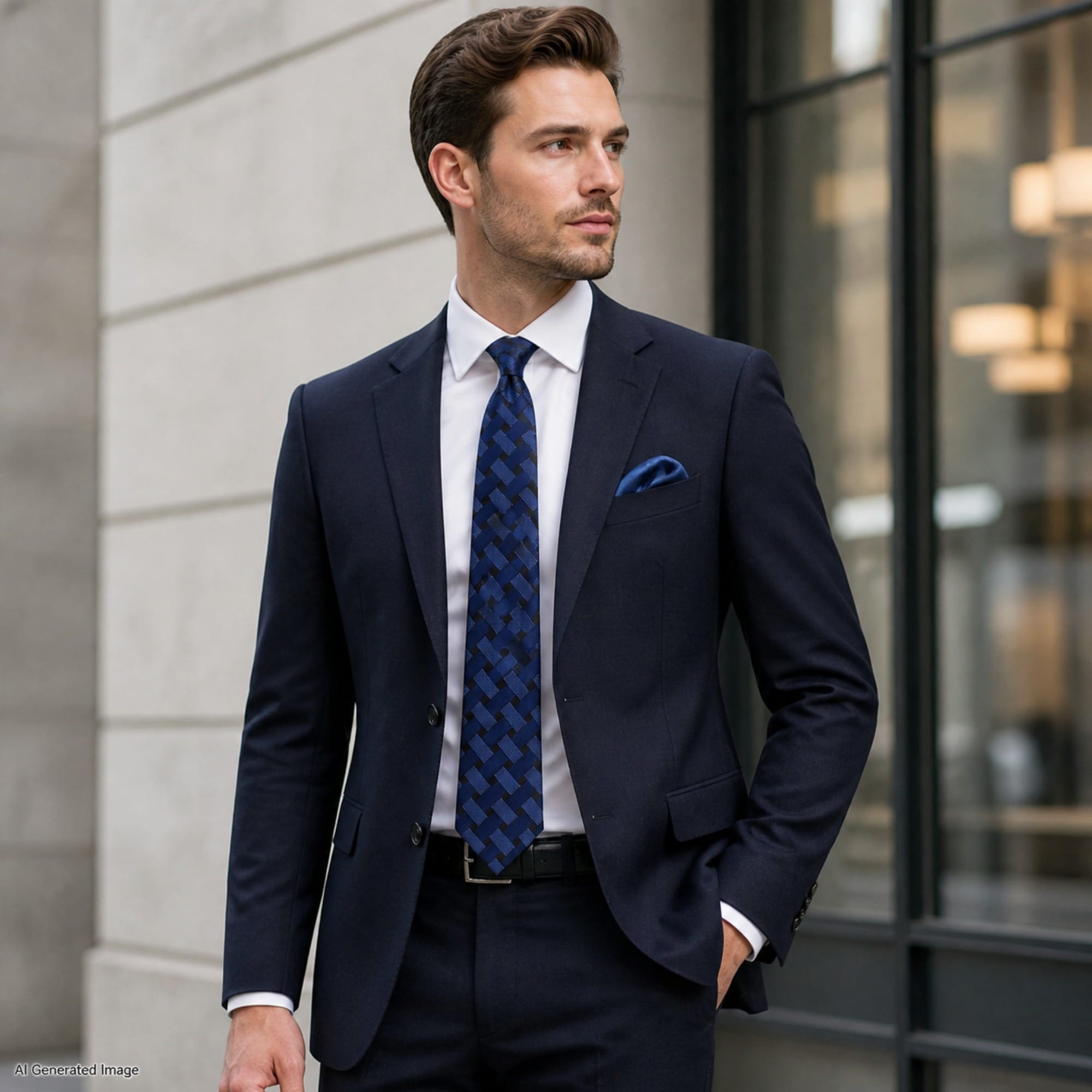 Essentials by Trafalgar Criss Cross Patterned Necktie and Solid Pocket Square Set - Navy Blue