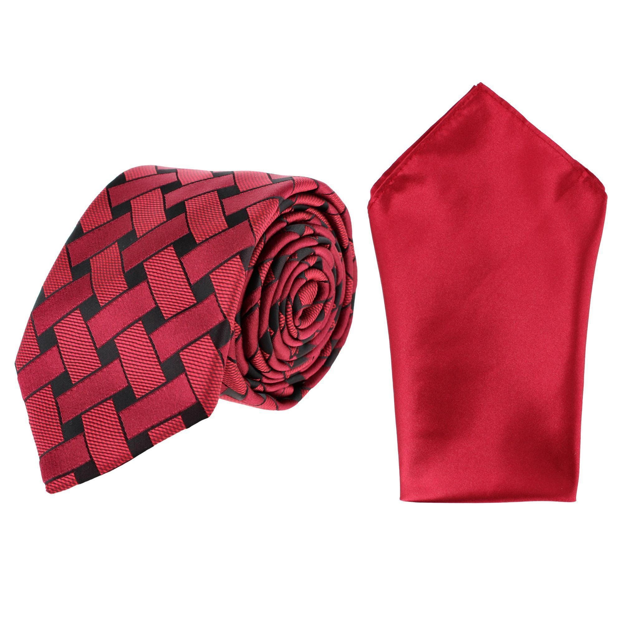 Essentials by Trafalgar Criss Cross Patterned Necktie and Solid Pocket Square Set - Criss Cross Patterned Necktie and Solid Pocket Square Set