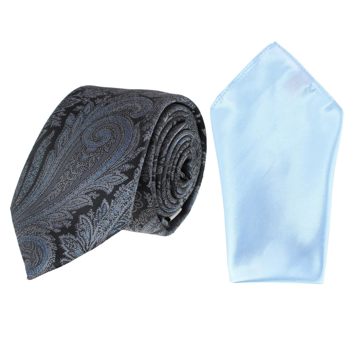 Essentials by Trafalgar Paisley Patterned Necktie and Solid Pocket Square Set - Blue
