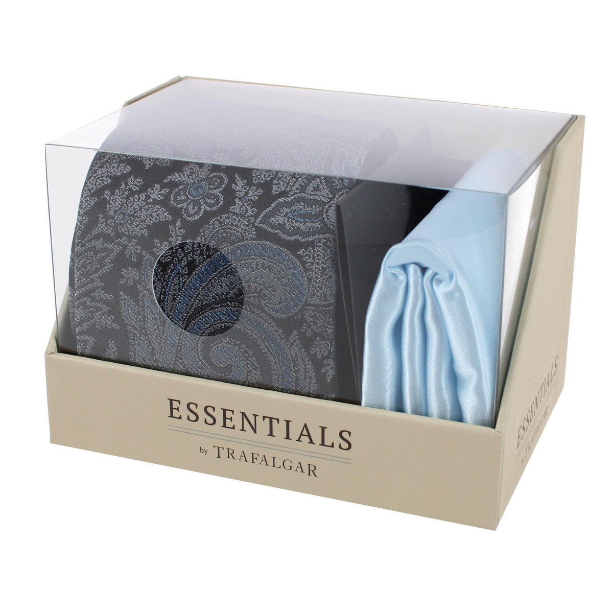Essentials by Trafalgar Paisley Patterned Necktie and Solid Pocket Square Set - Blue
