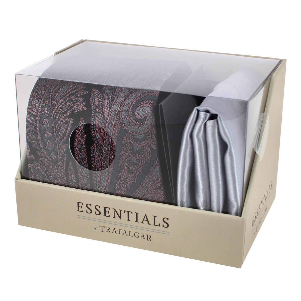 Essentials by Trafalgar Paisley Patterned Necktie and Solid Pocket Square Set - Coral