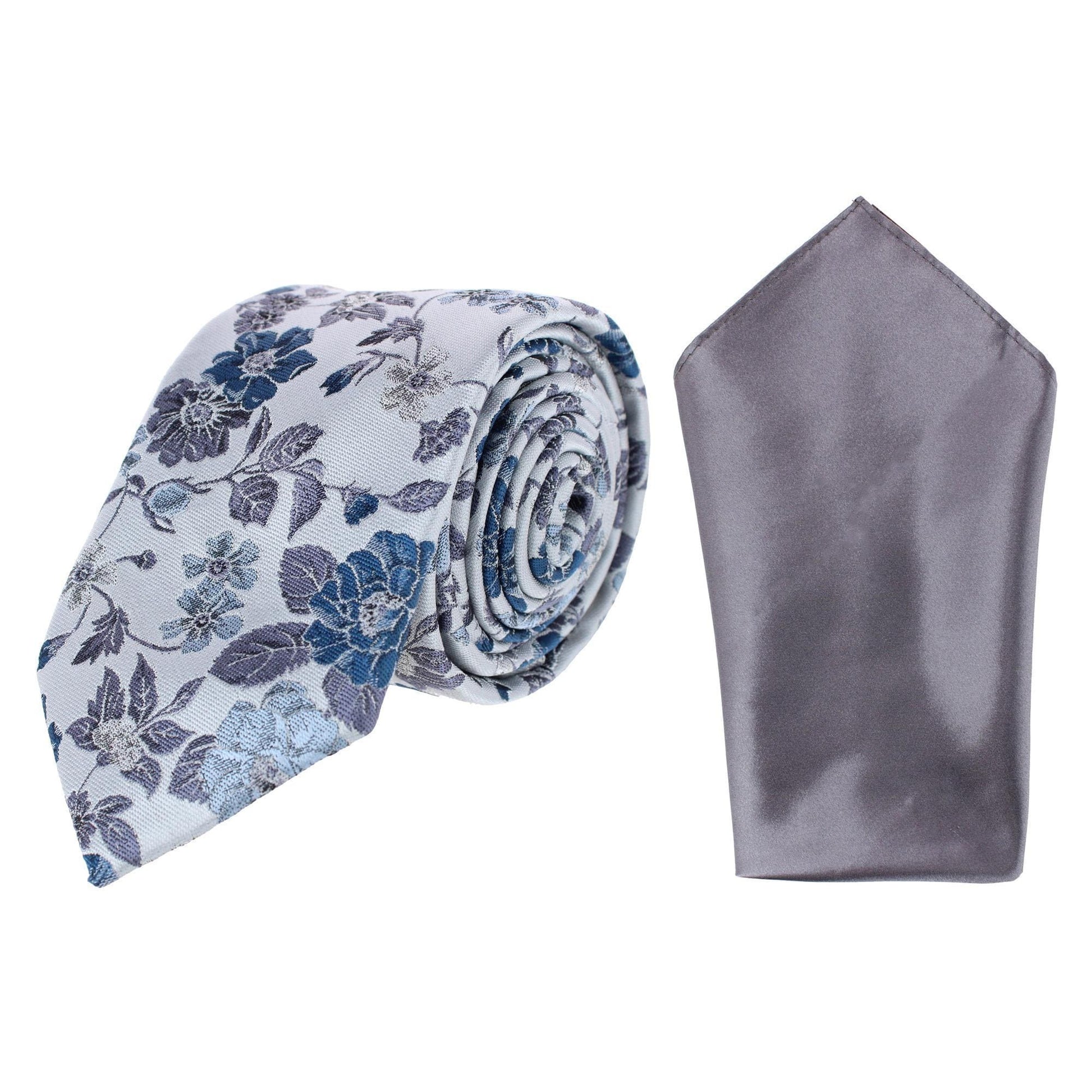 Essentials by Trafalgar Floral and Vine Patterned Necktie and Solid Pocket Square Set - Blue