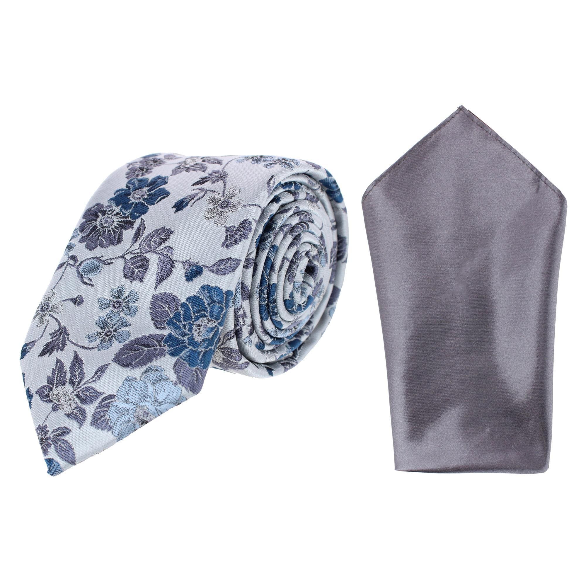 Essentials by Trafalgar Floral and Vine Patterned Necktie and Solid Pocket Square Set - Blue