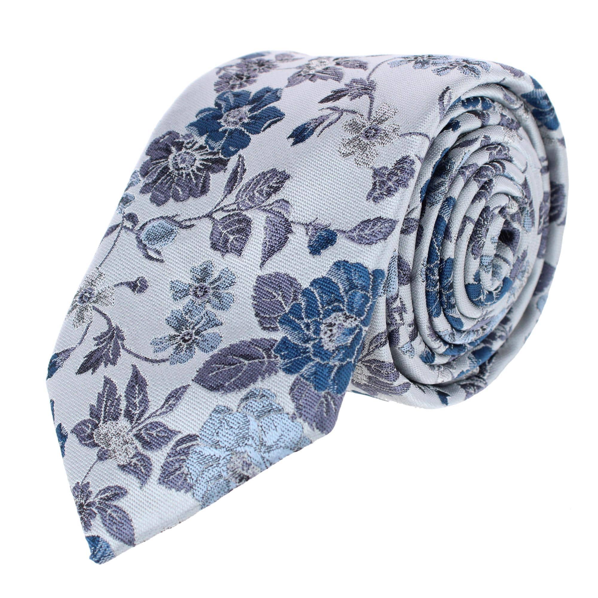 Essentials by Trafalgar Floral and Vine Patterned Necktie and Solid Pocket Square Set - Blue