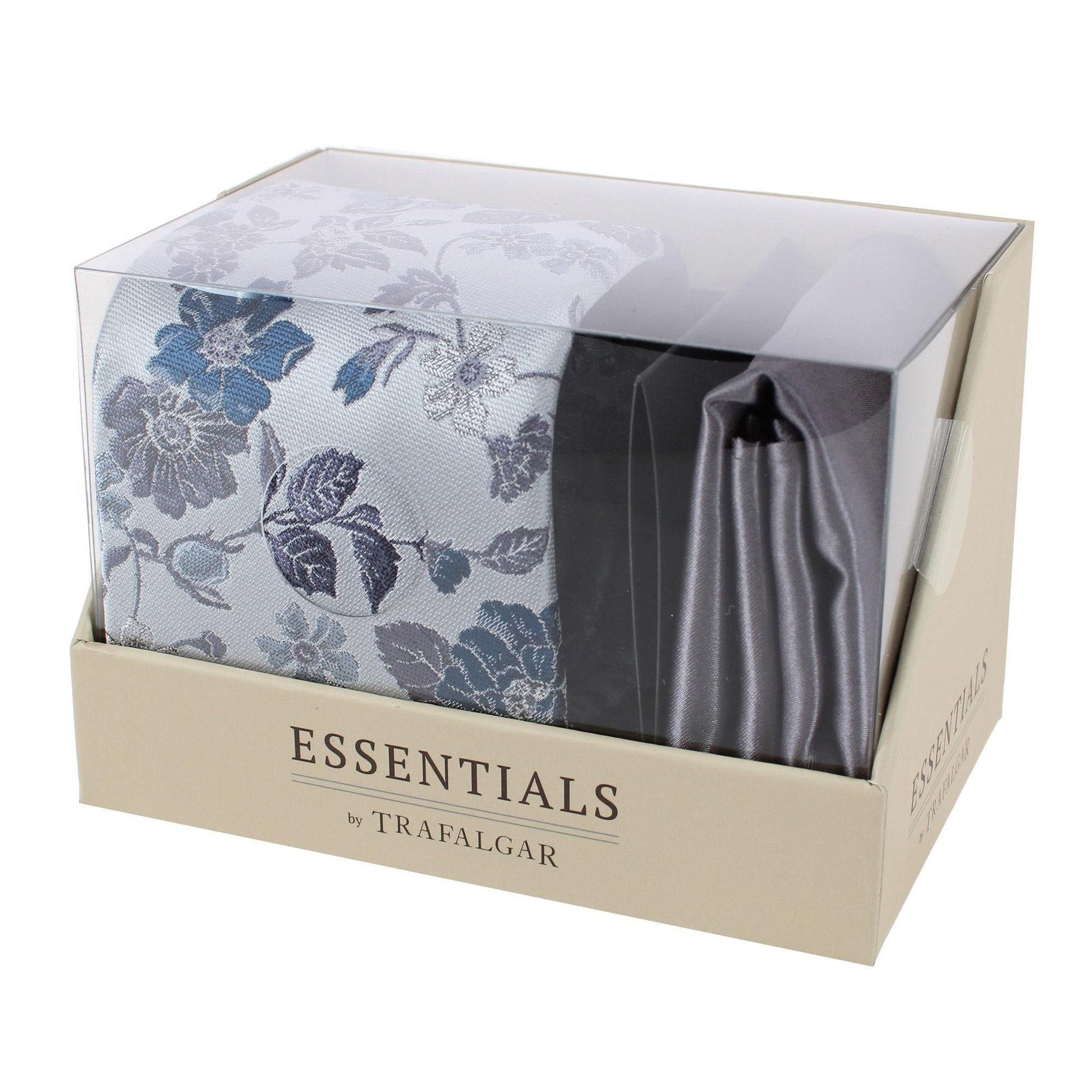 Essentials by Trafalgar Floral and Vine Patterned Necktie and Solid Pocket Square Set - Blue