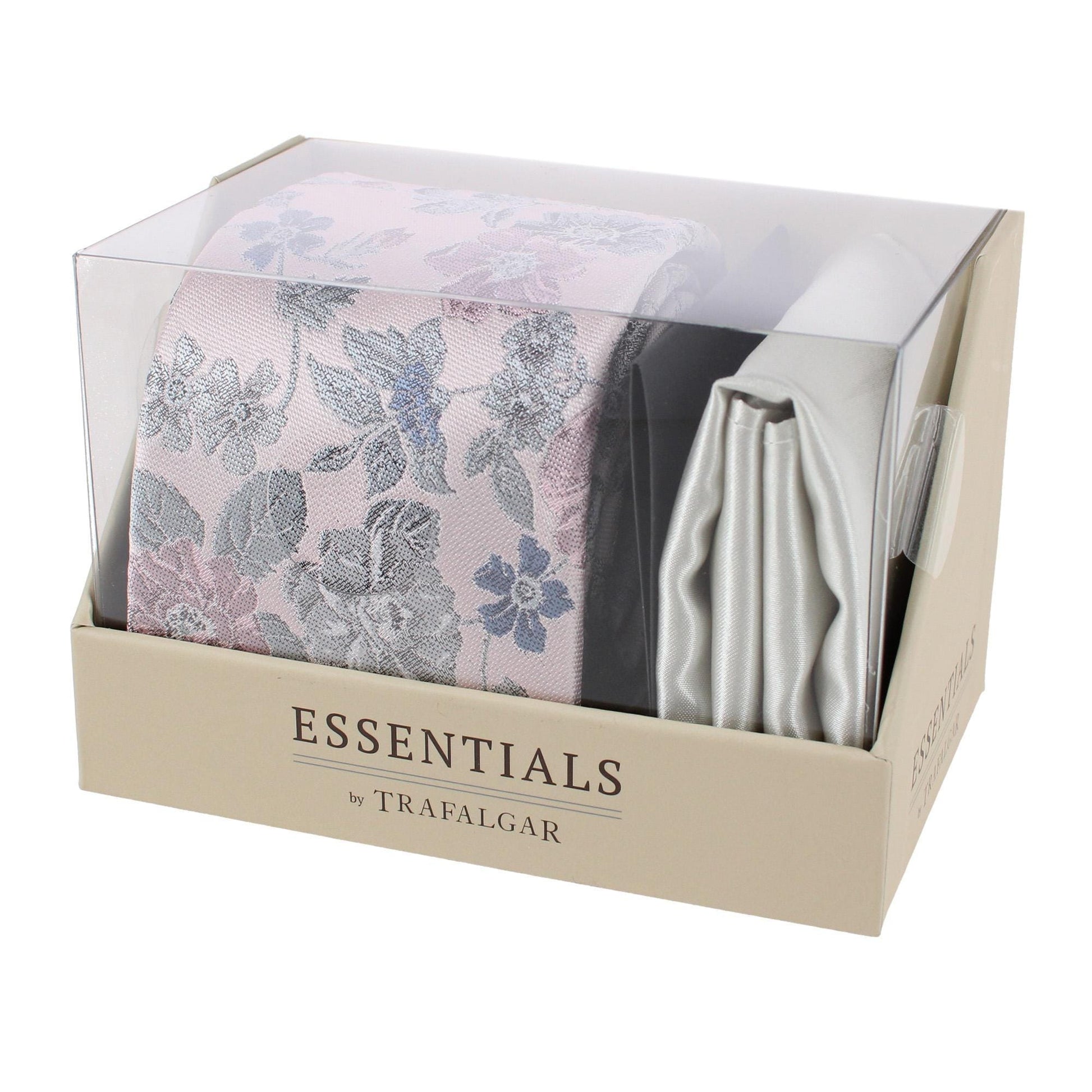 Essentials by Trafalgar Floral and Vine Patterned Necktie and Solid Pocket Square Set - Pink