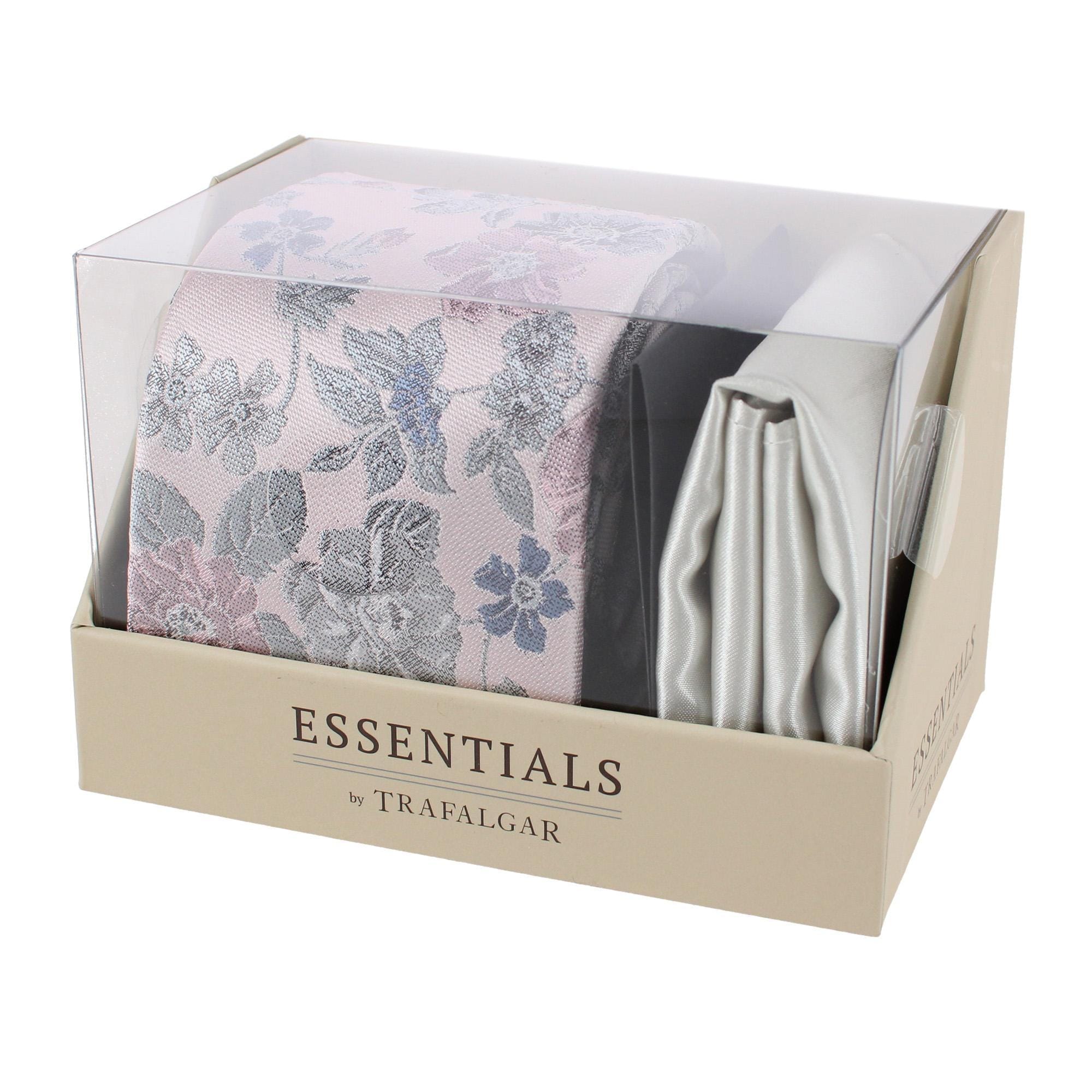 Essentials by Trafalgar Floral and Vine Patterned Necktie and Solid Pocket Square Set - Pink