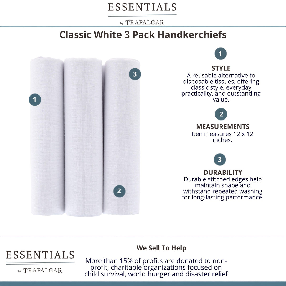 Essentials by Trafalgar Classic White 3 Pack Handkerchiefs - White