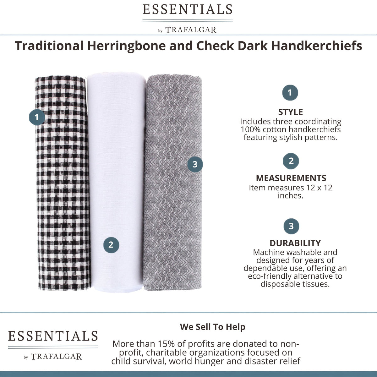 Essentials by Trafalgar Traditional Herringbone and Check Dark Handkerchiefs - Multiple