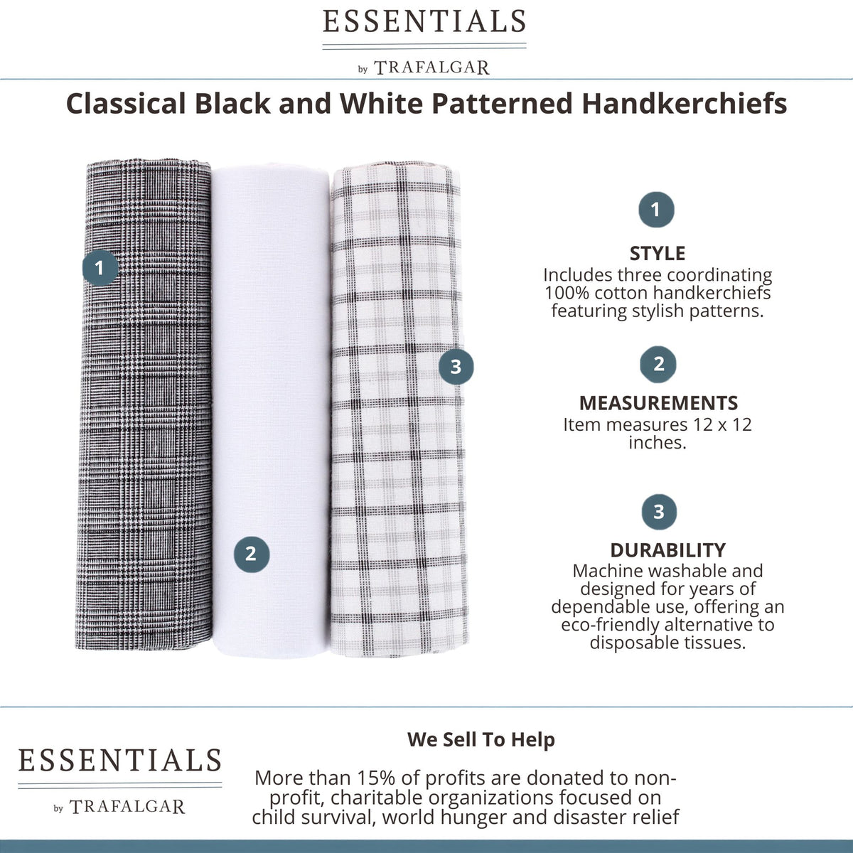 Essentials by Trafalgar Classical Black and White Patterned Handkerchiefs - Multiple