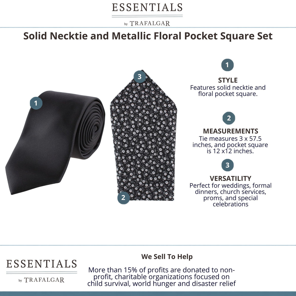 Essentials by Trafalgar Solid Necktie and Metallic Floral Pocket Square Set - Black