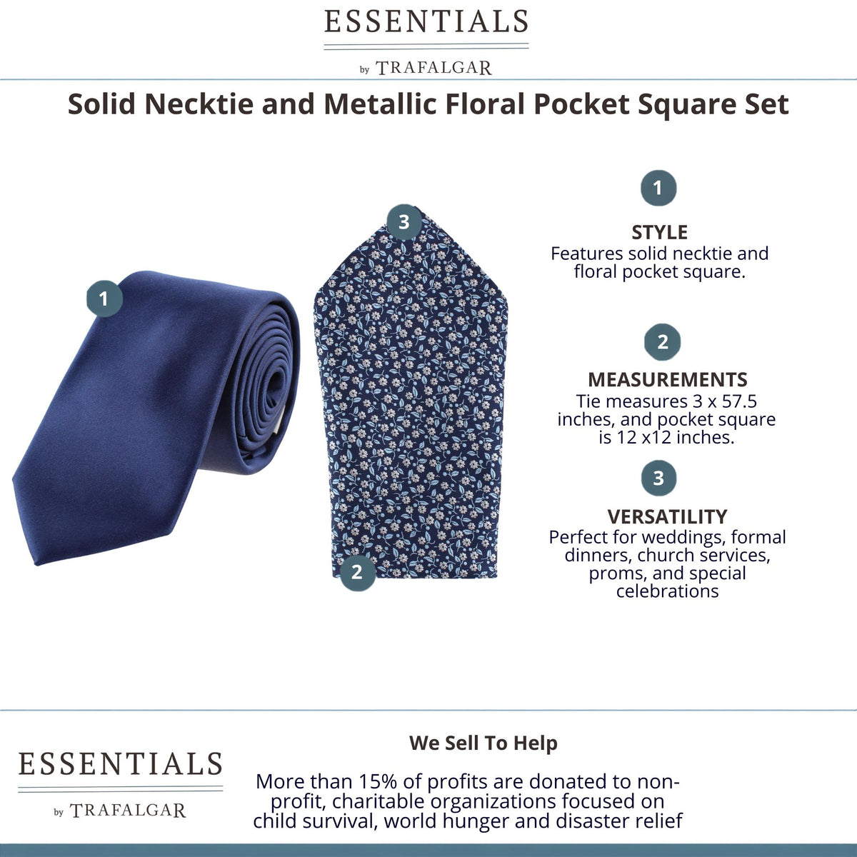 Essentials by Trafalgar Solid Necktie and Metallic Floral Pocket Square Set - Navy