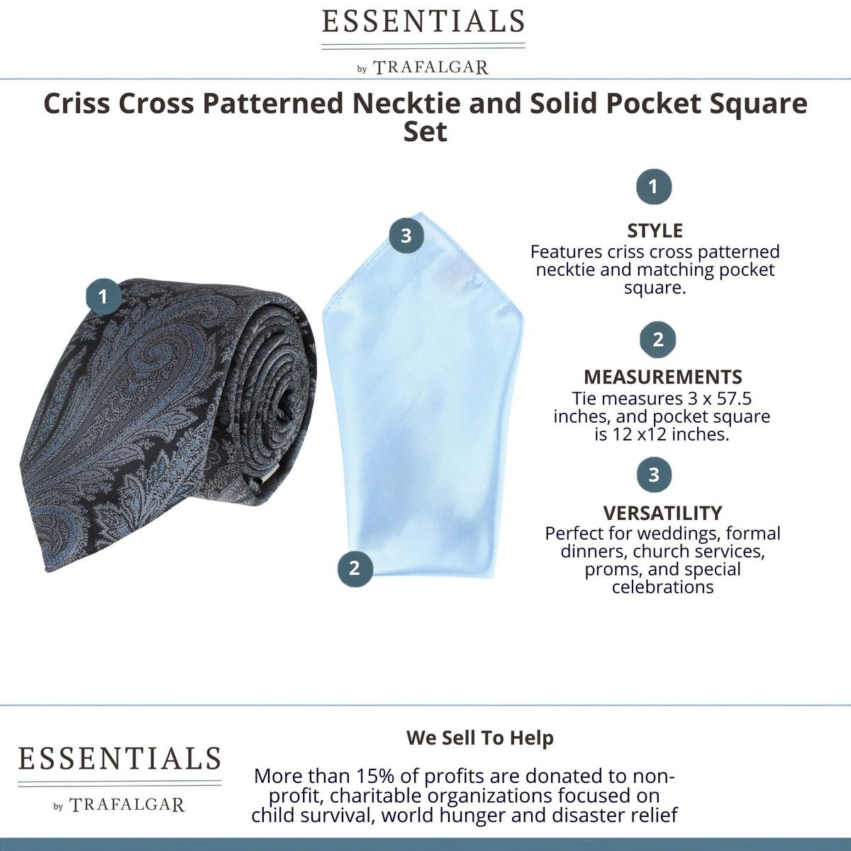 Essentials by Trafalgar Paisley Patterned Necktie and Solid Pocket Square Set - Blue