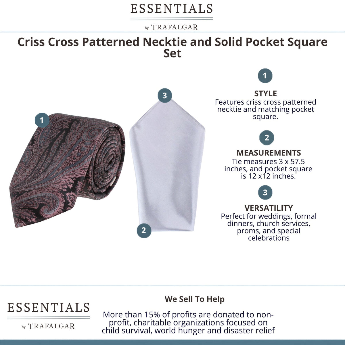 Essentials by Trafalgar Paisley Patterned Necktie and Solid Pocket Square Set - Coral