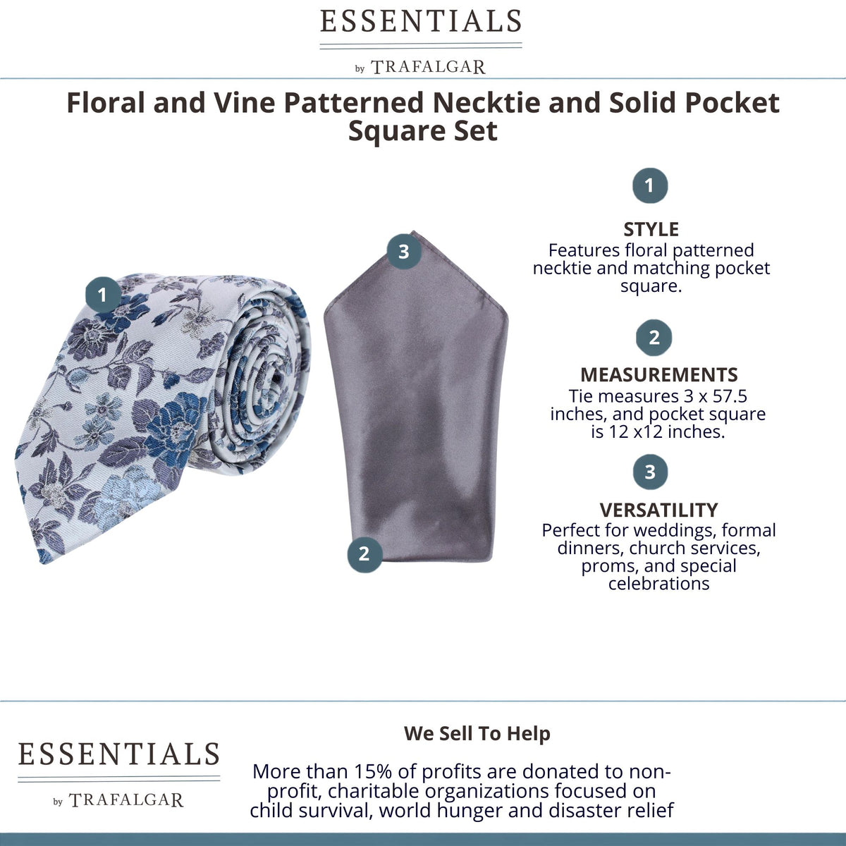 Essentials by Trafalgar Floral and Vine Patterned Necktie and Solid Pocket Square Set - Blue