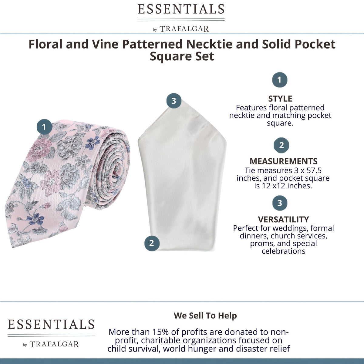 Essentials by Trafalgar Floral and Vine Patterned Necktie and Solid Pocket Square Set - Pink