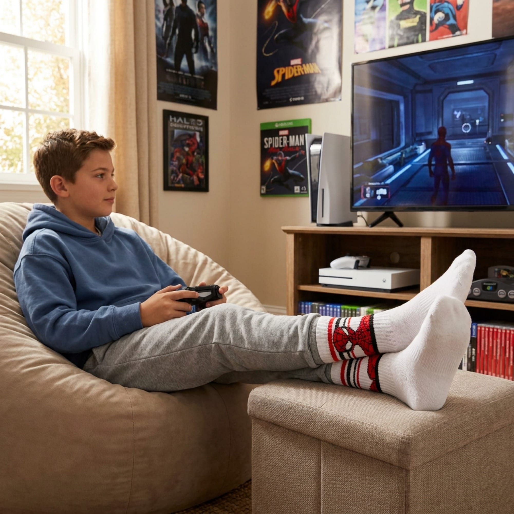 Textiel Trade Boy's Marvel The Amazing Spider-Man Athletic Socks (2 Pair) - White with Black and Red Stripes