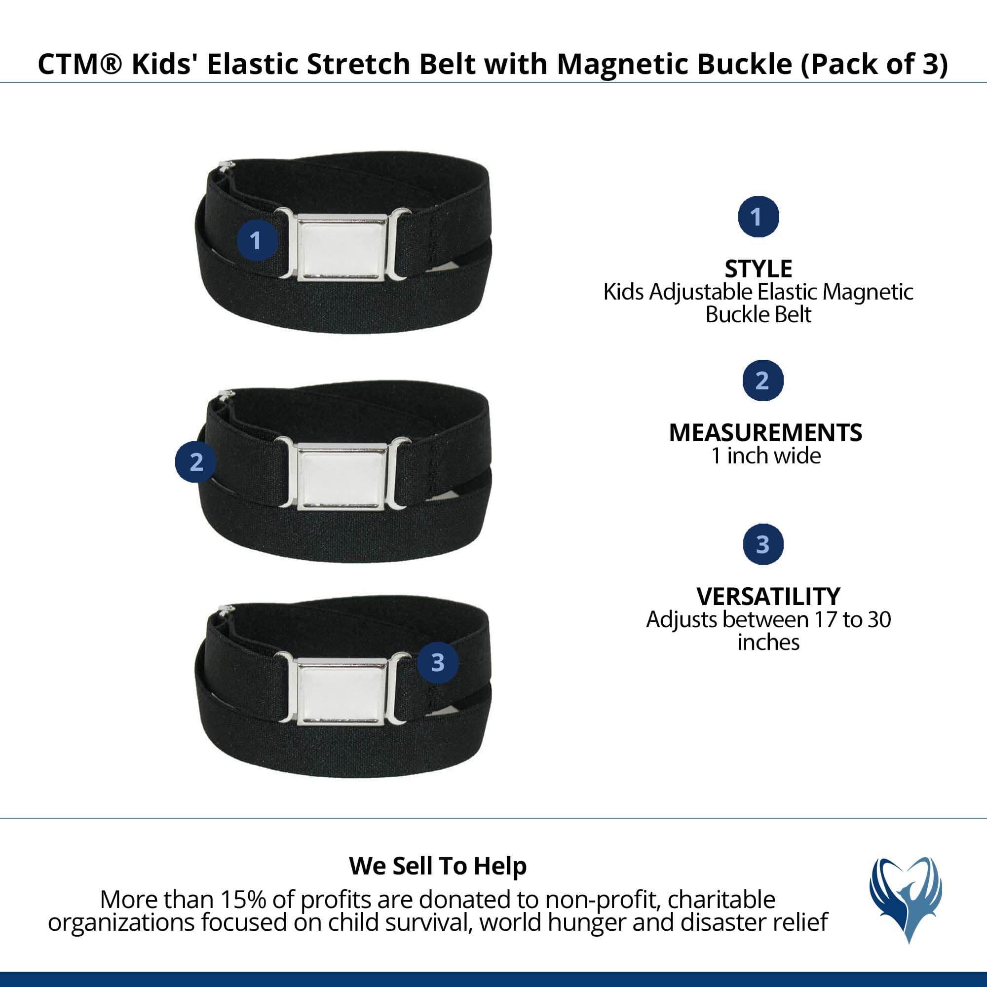 CTM® Kids' Elastic Stretch Belt with Magnetic Buckle (Pack of 3) - Black