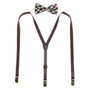 Men's Brown Plaid Bow Tie with Brown Faux Leather Suspender Set