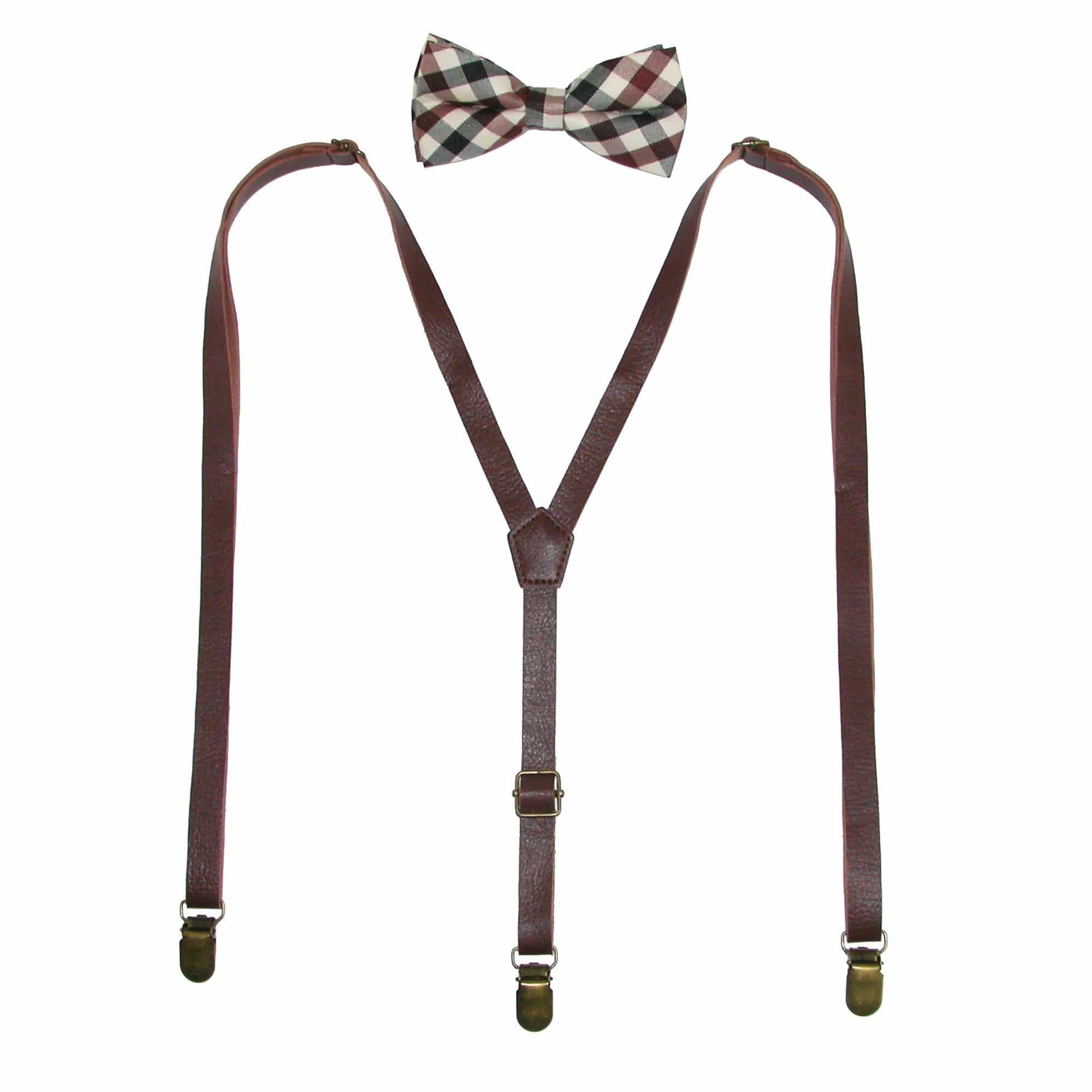 CTM® Men's Brown Plaid Bow Tie with Brown Faux Leather Suspender Set - Men's Brown Plaid Bow Tie with Brown Faux Leather Suspender Set